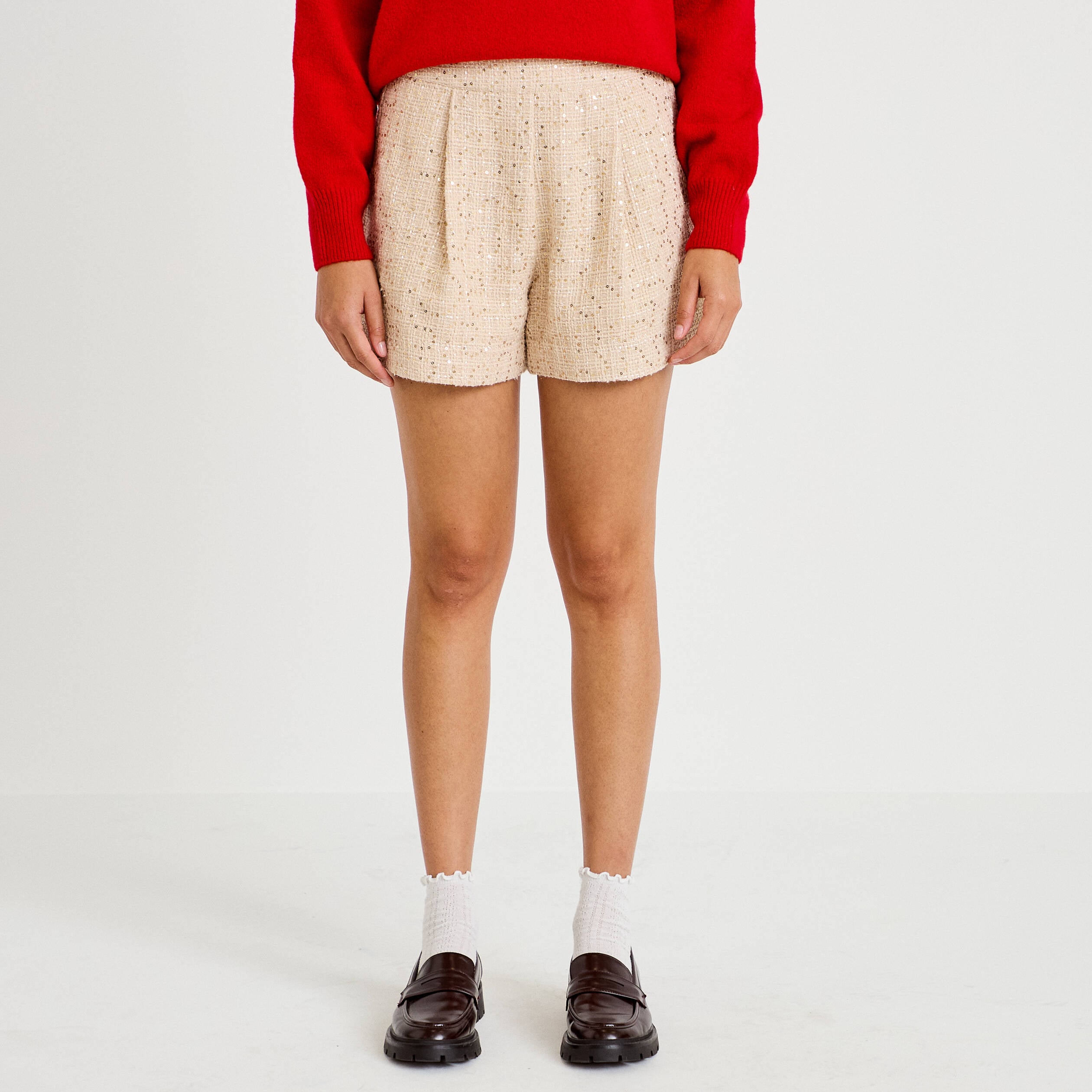 Short large taille haute en tweed ivoire femme