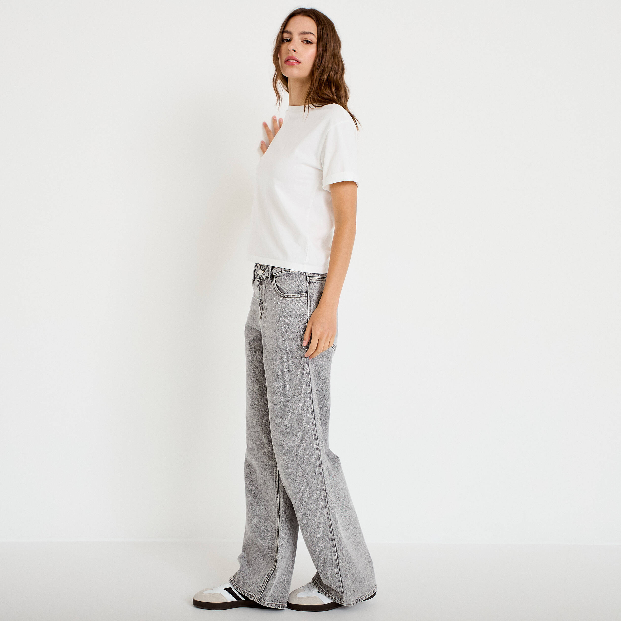 Jean wide leg taille basse strass denim gris femme