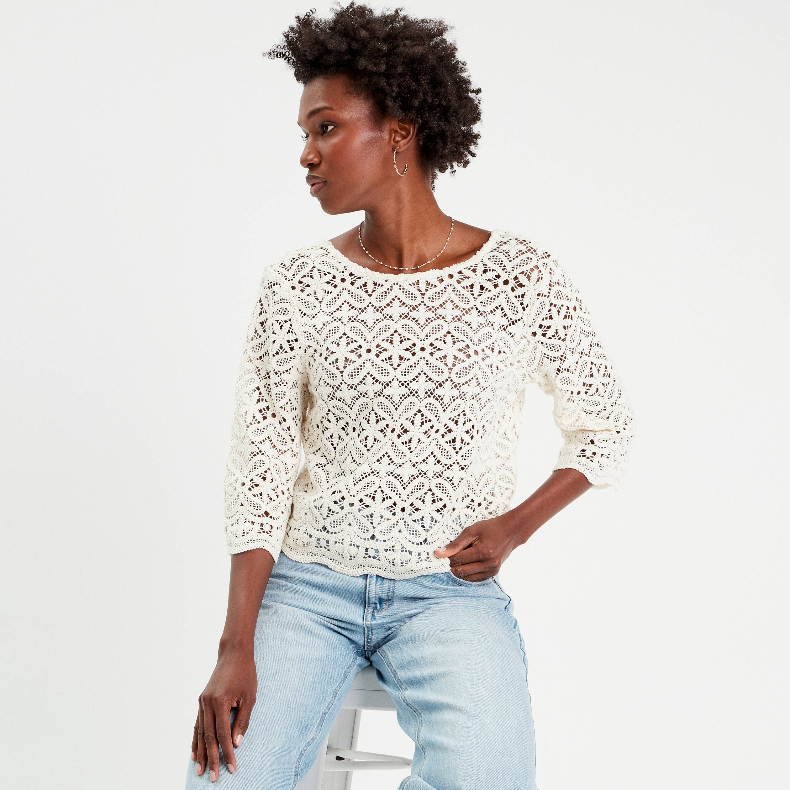 T-shirt manches 3/4 macram&eacute; ecru femme