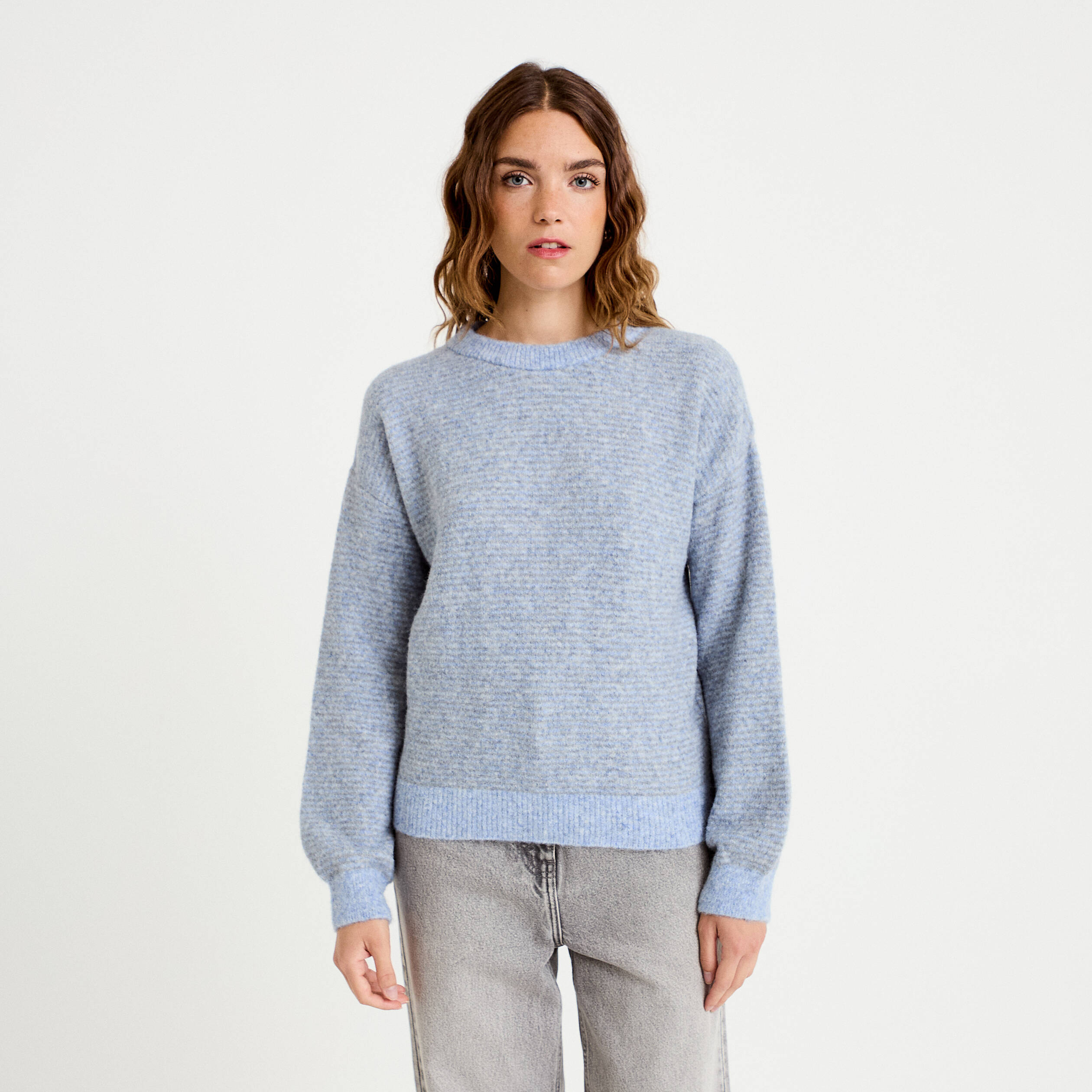 Pull ample col rond manches longues gris femme