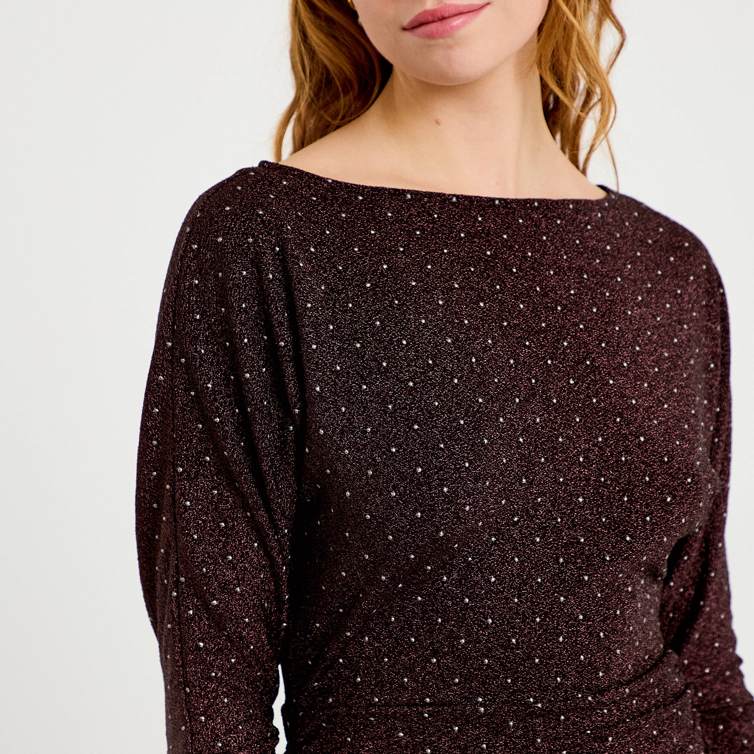 Top droit col bateau manches longues violet fonc&eacute; femme