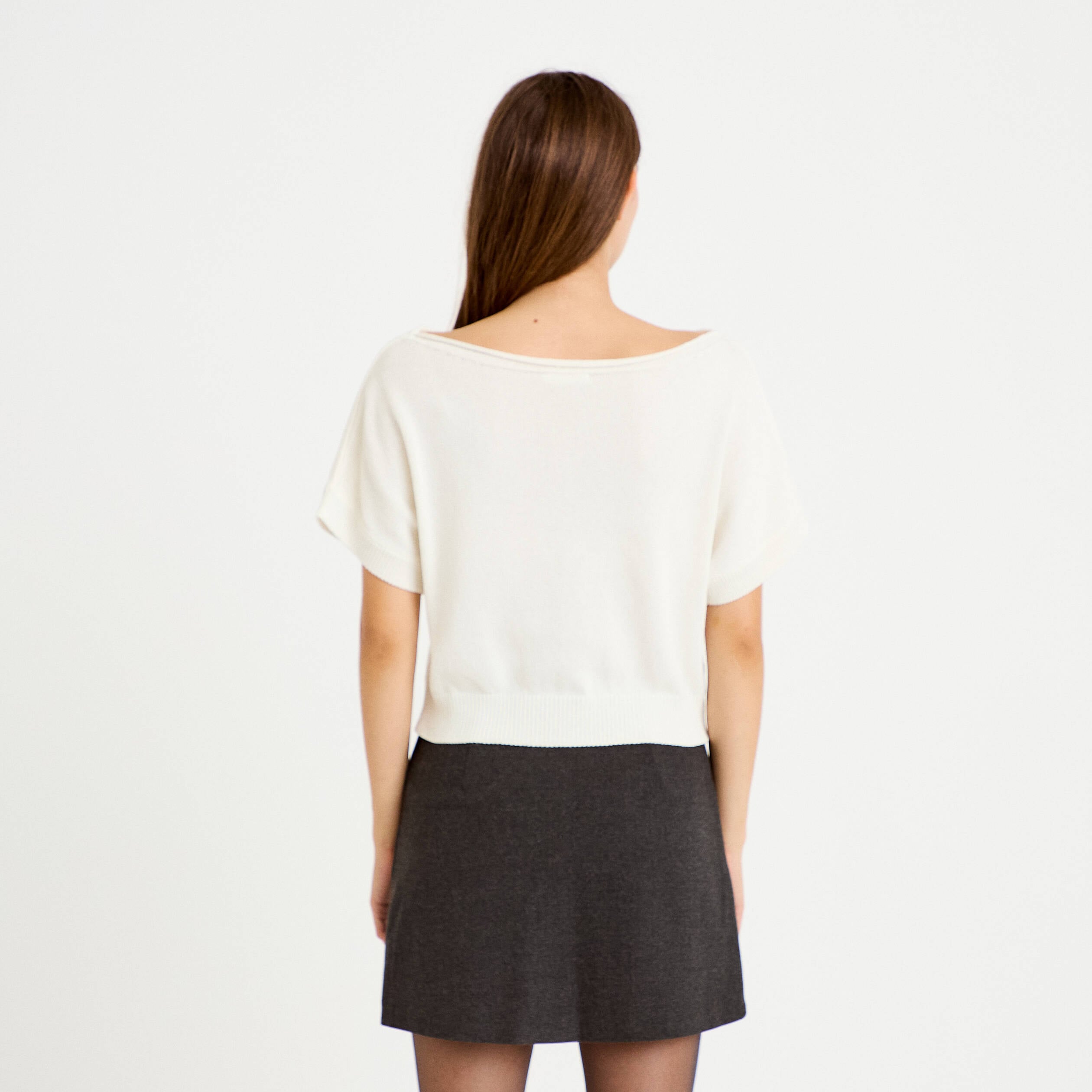 Pull ample cropped manches courtes ecru femme