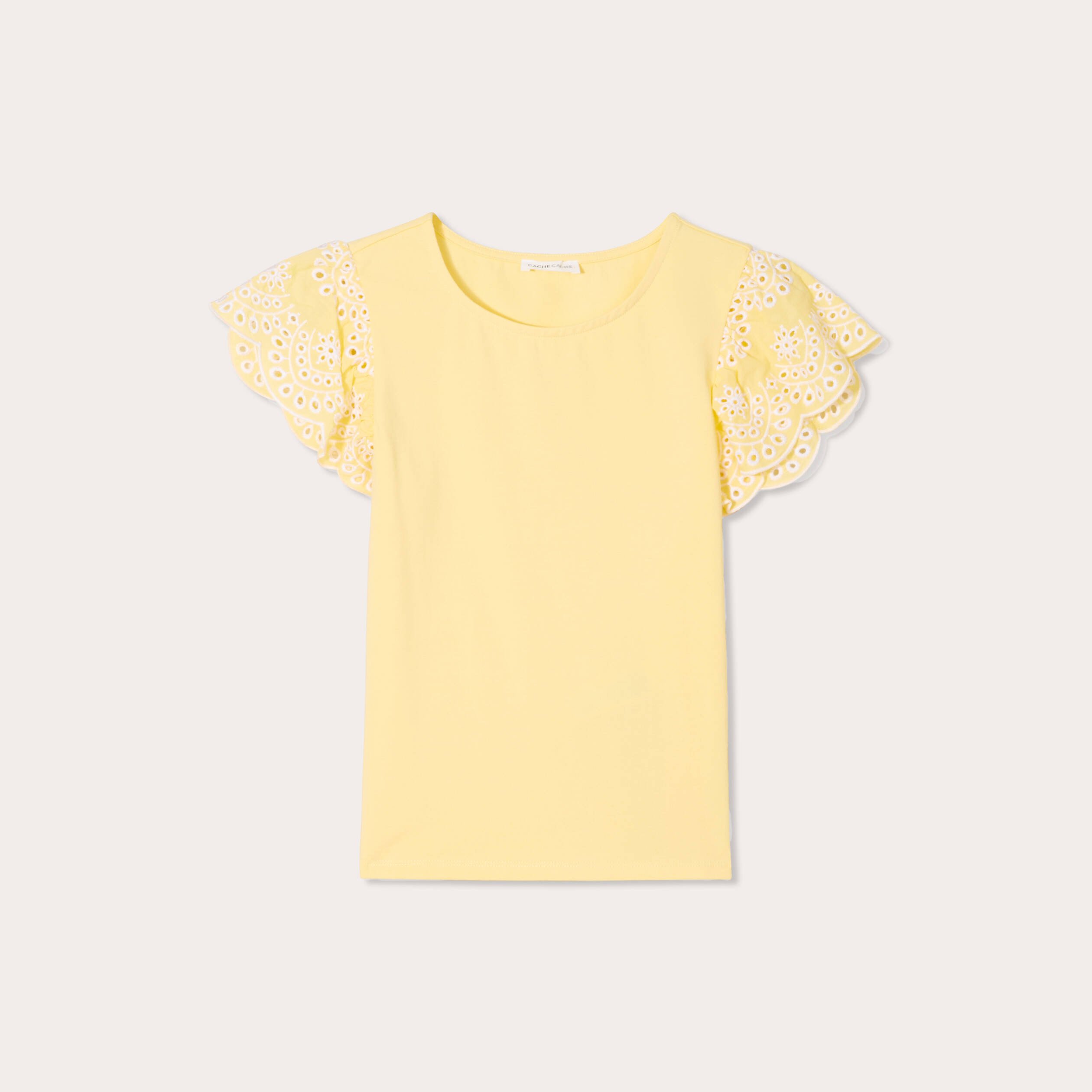 T-shirt manches brodées jaune clair femme