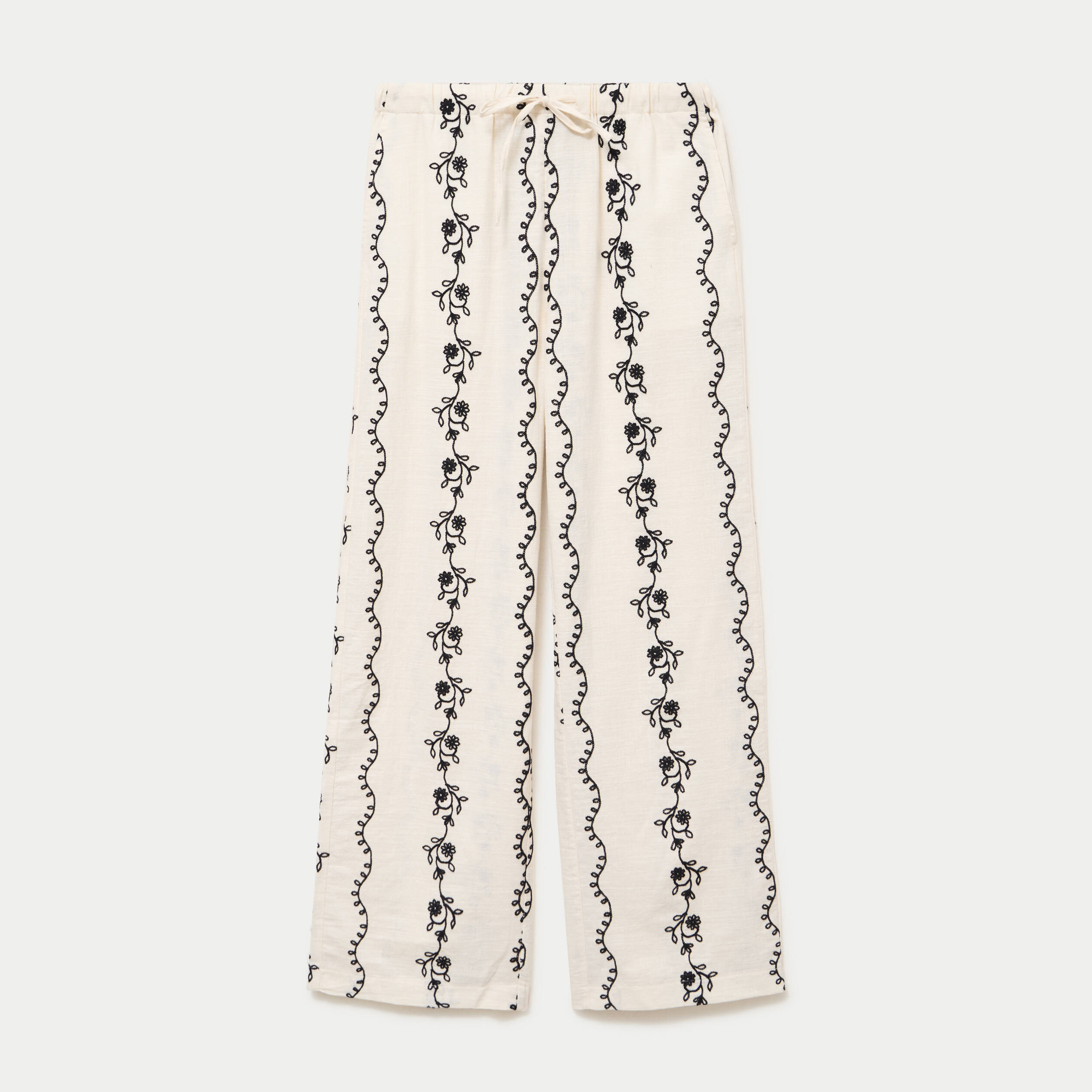 Pantalon large taille standard brod&eacute; blanc femme