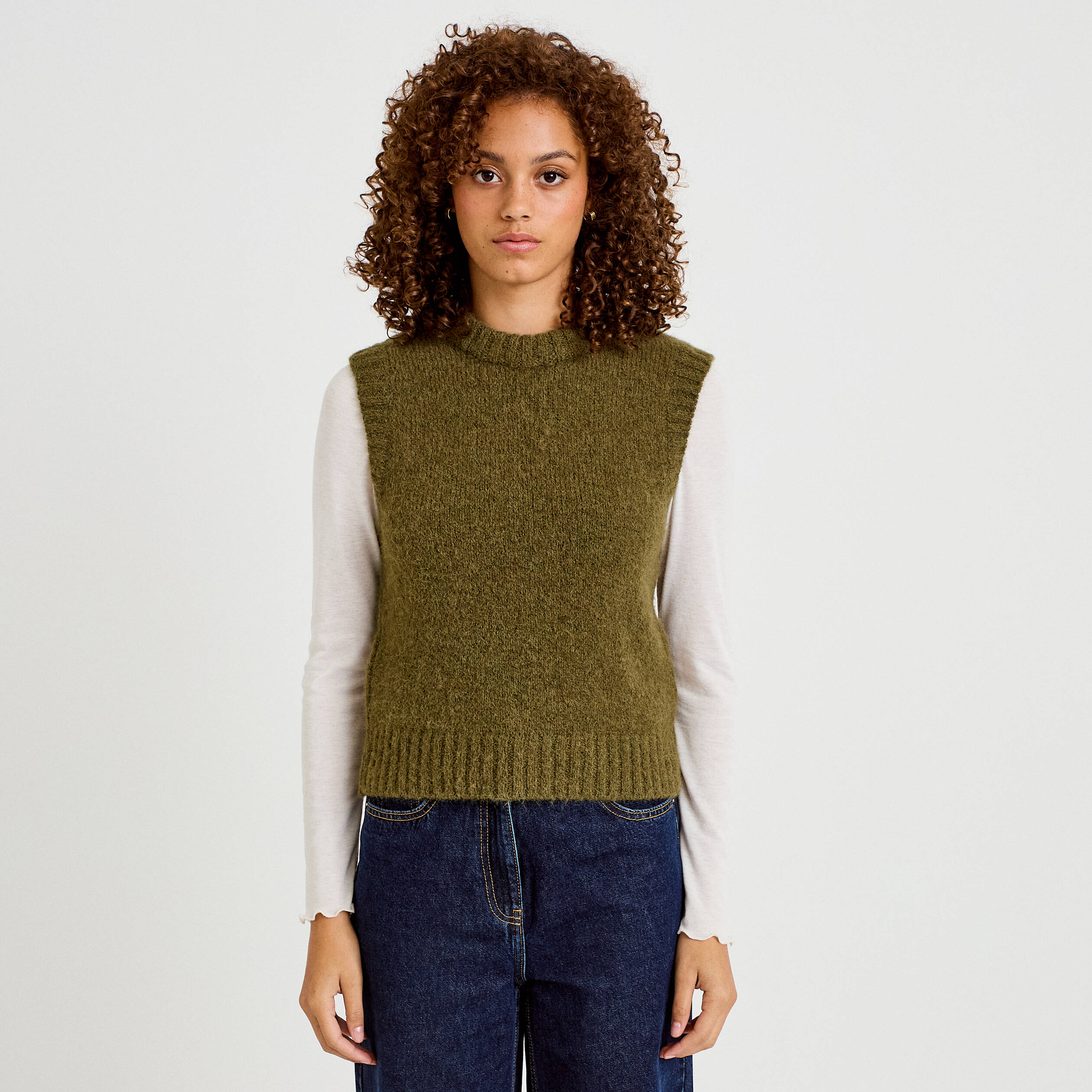 Pull sans manches vert kaki femme