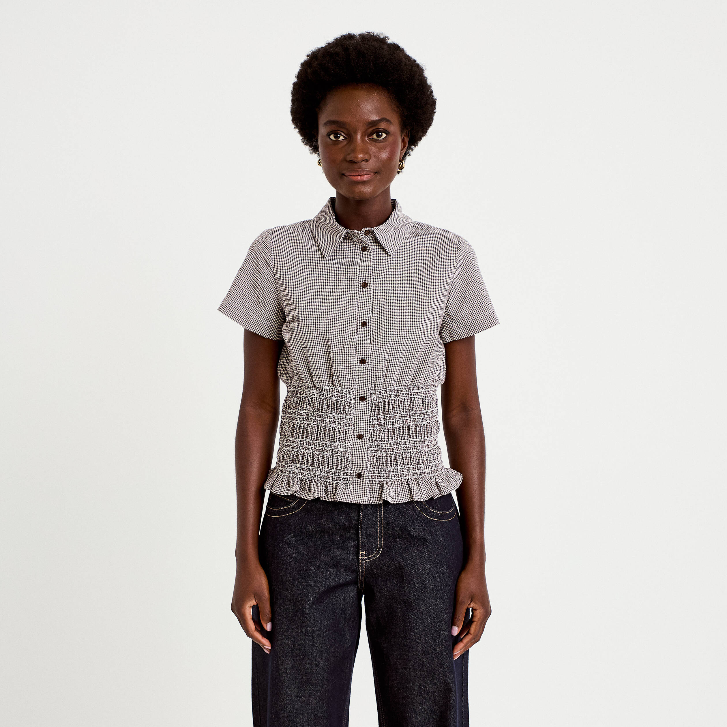 Chemise cintr&eacute;e manches courtes marron femme