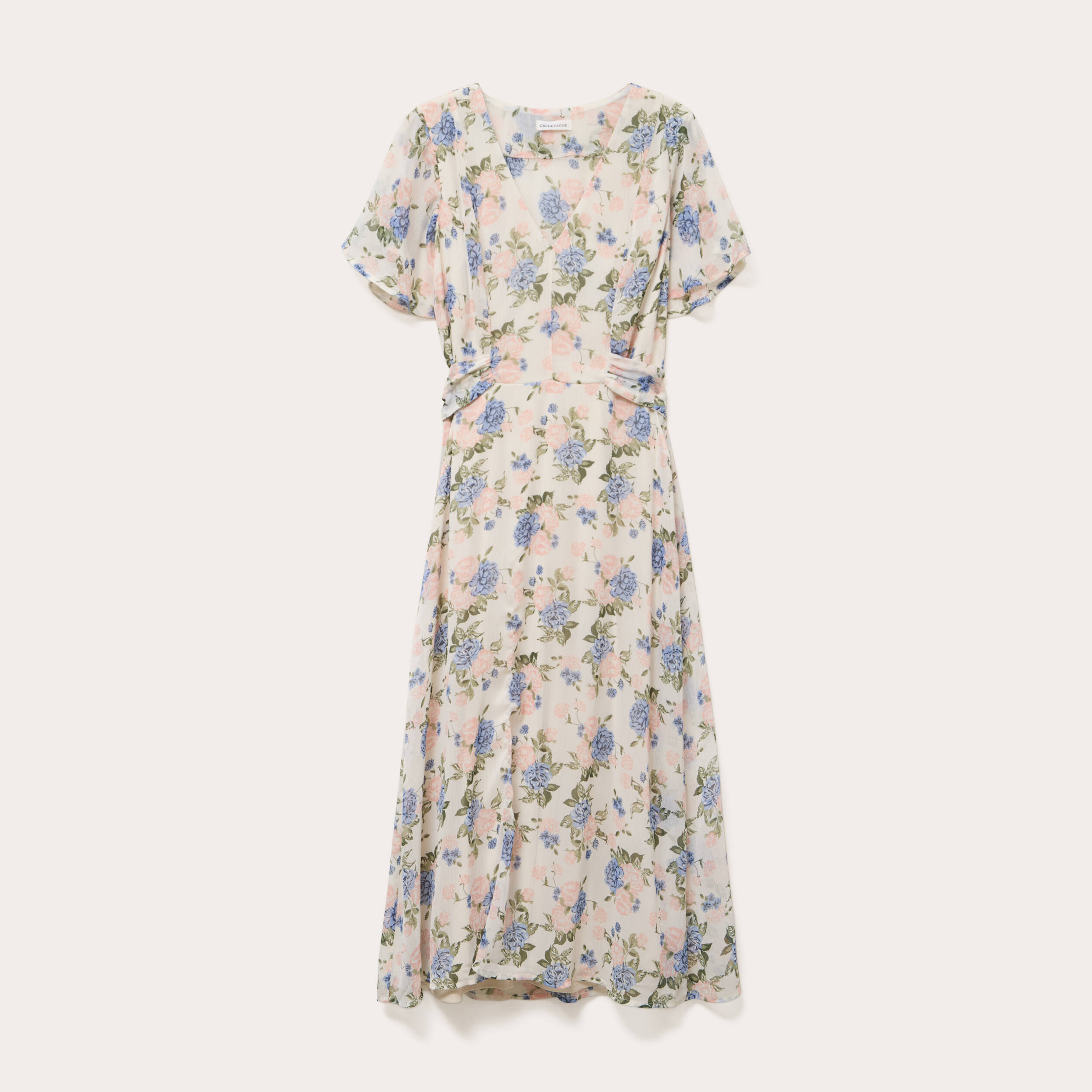 Robe Femme Essentials - Col V, Manches Courtes - Taille Cintrée, Jupe Évasée - Polyester/Élasthanne
