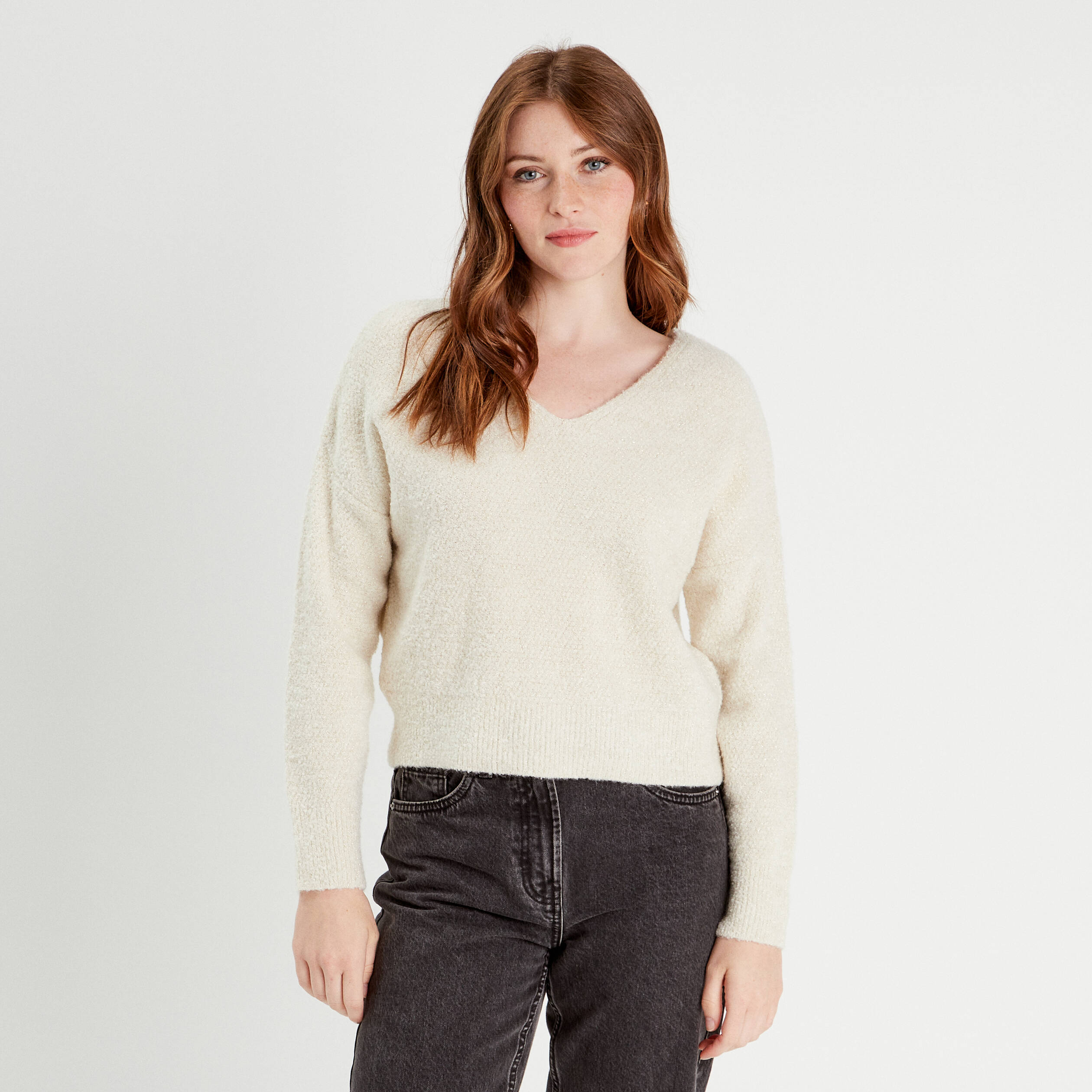 Pull manches longues col en V ecru femme