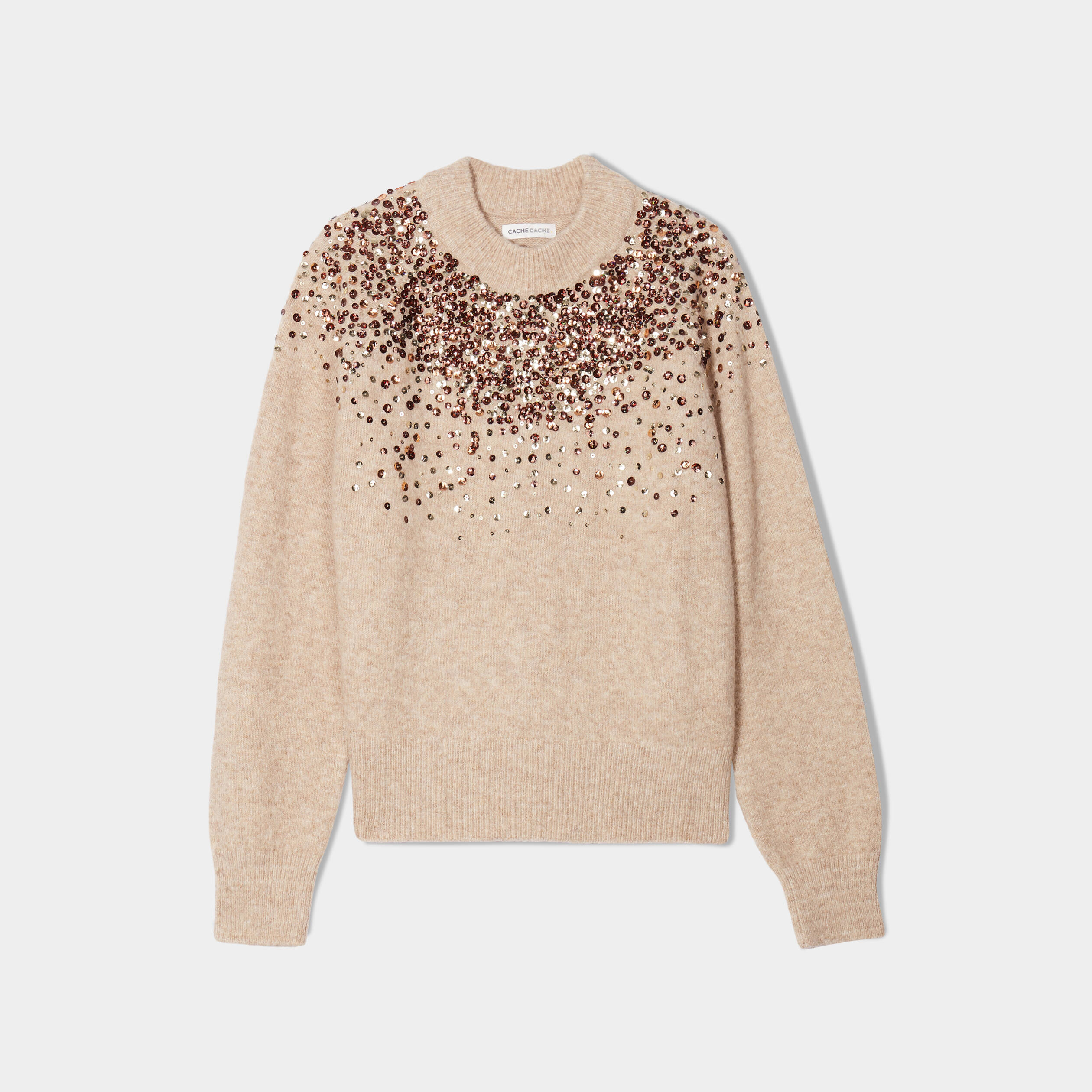 Pull sequins et strass beige femme