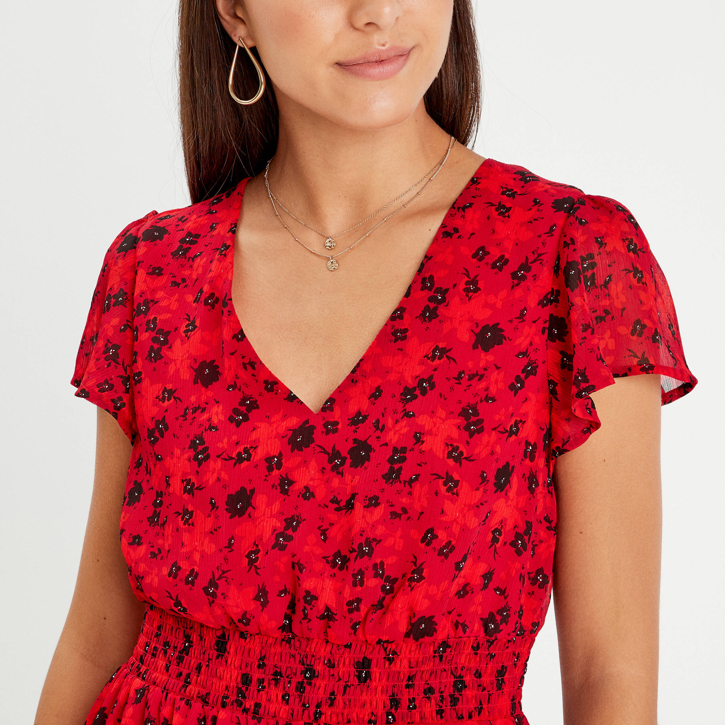 Robe &eacute;vas&eacute;e &agrave; volants rouge femme