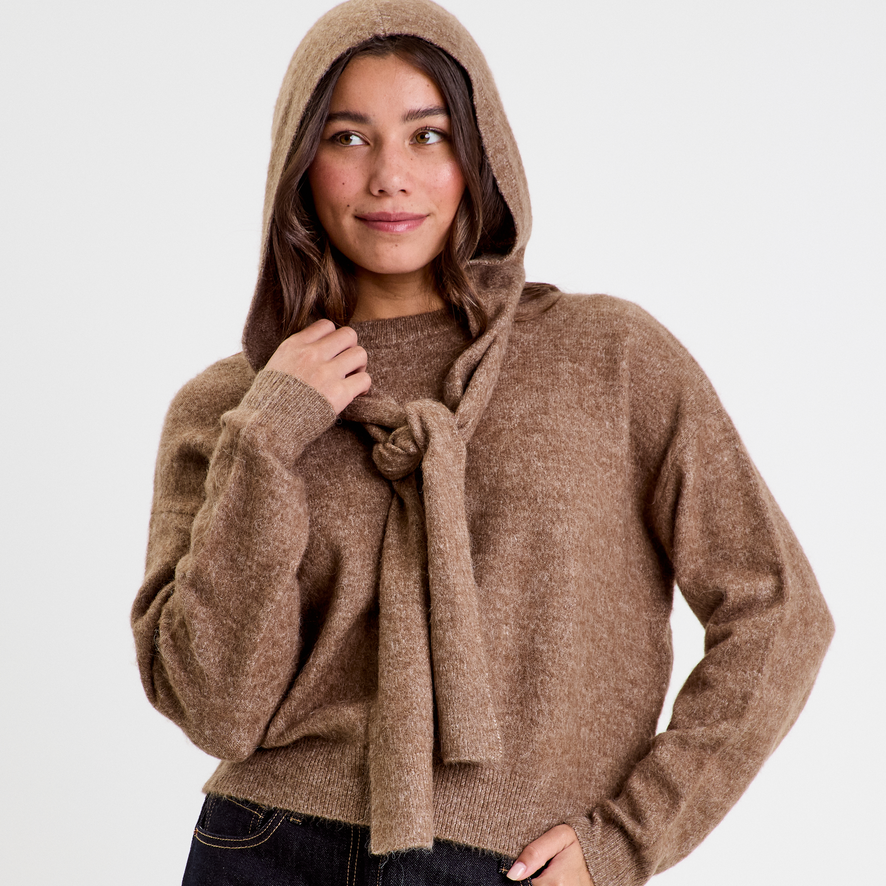 Parka droite à capuche marron clair femme