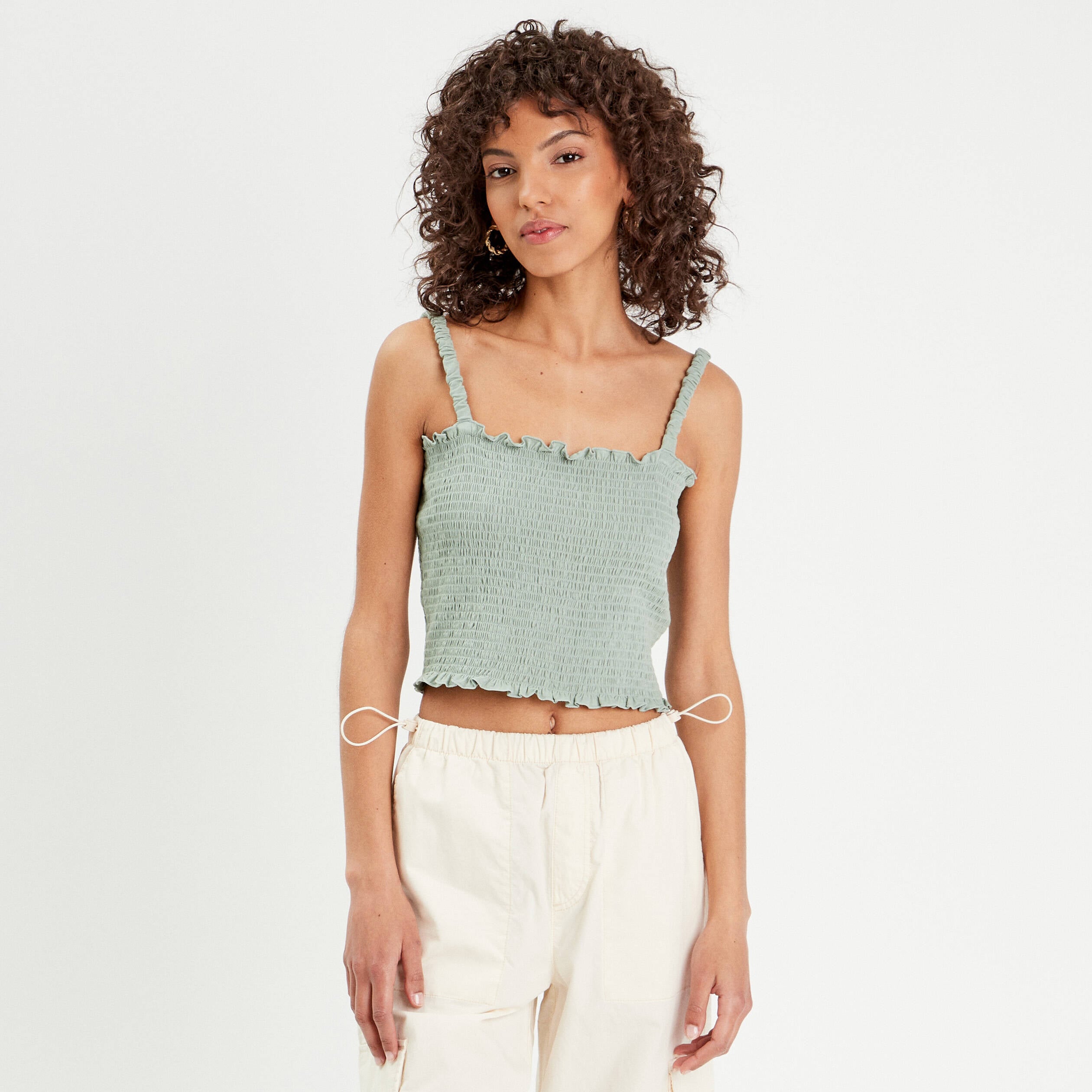 D&eacute;bardeur smock&eacute; vert olive femme