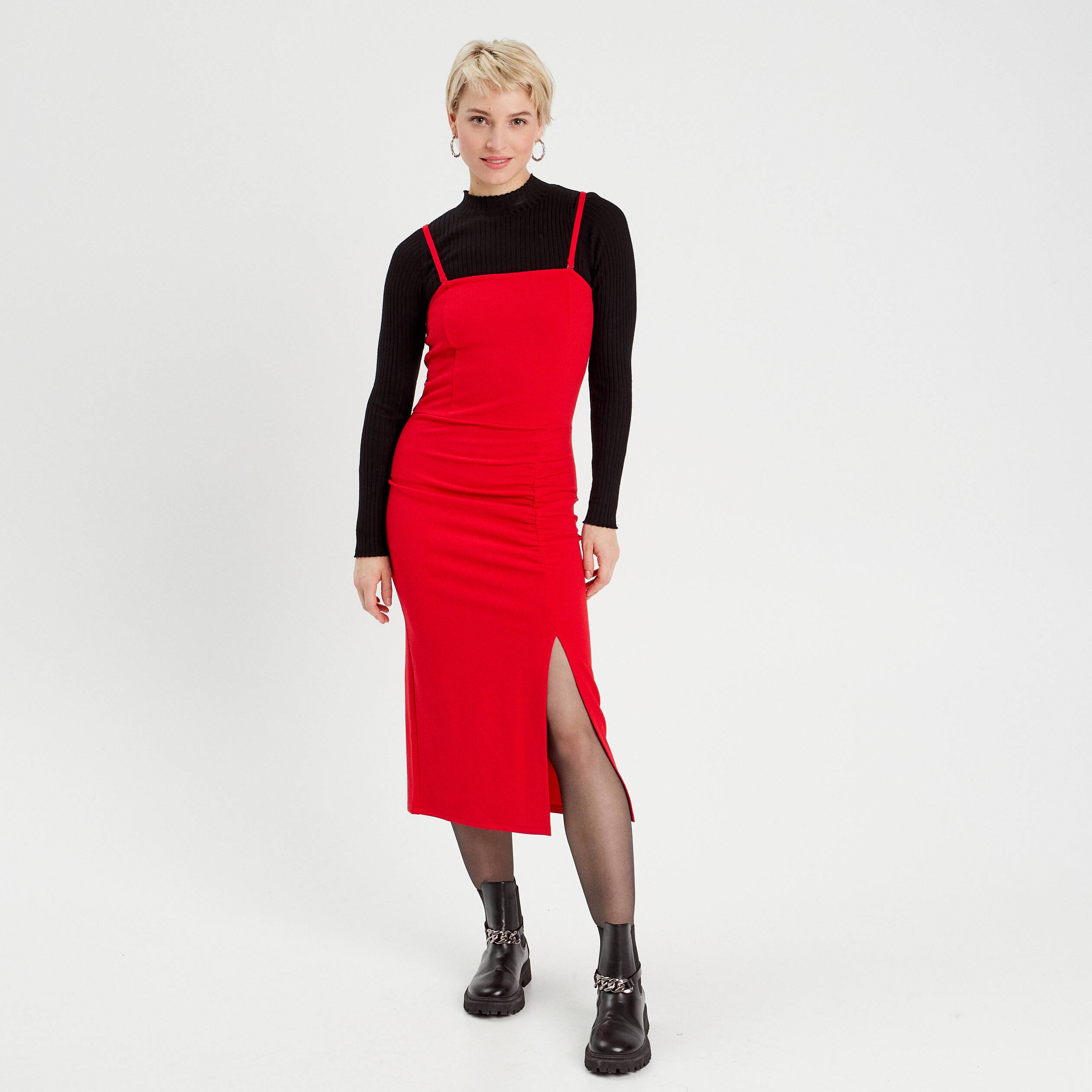 Robe longue ajustee fronces rouge femme Vibs