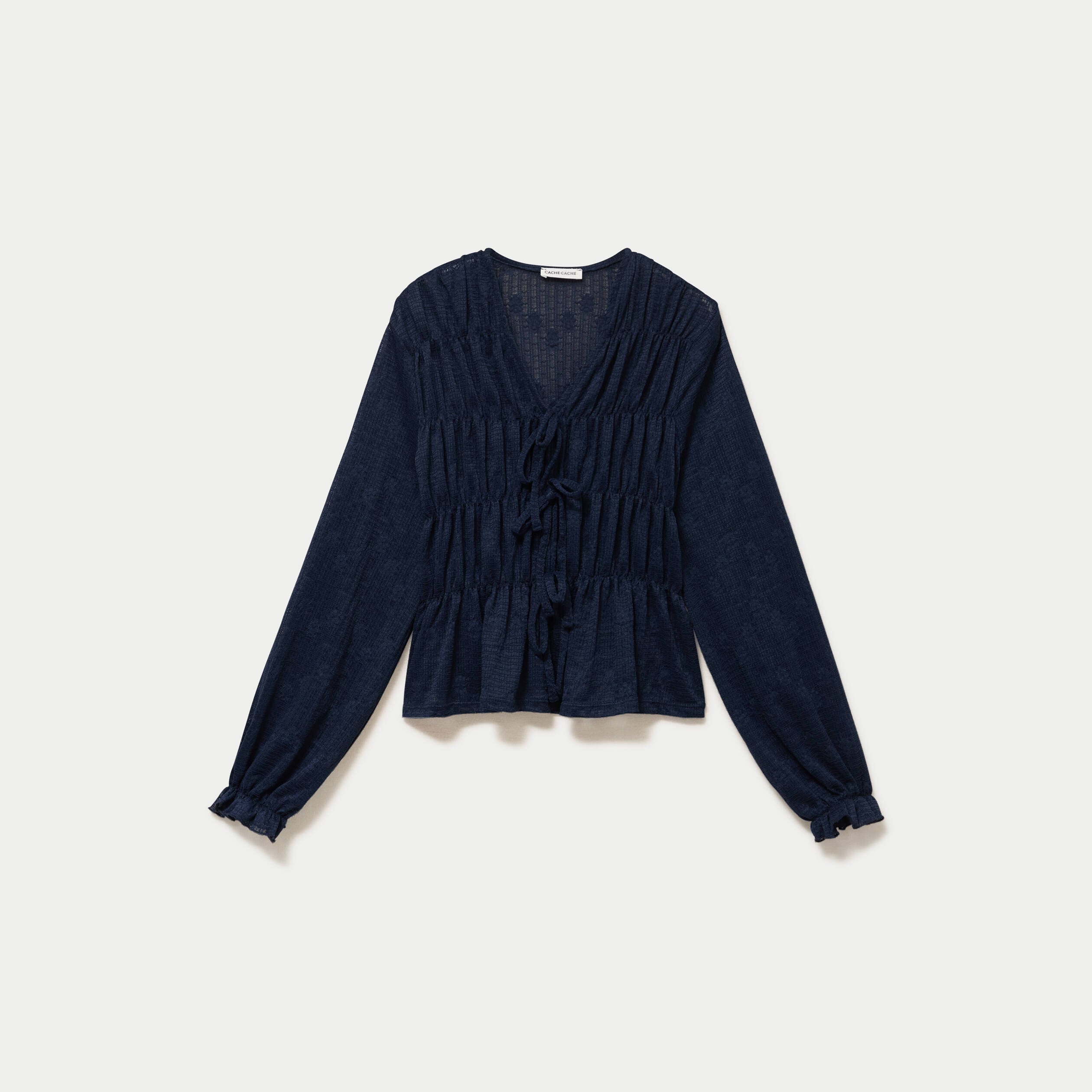 Blouse ajust&eacute;e col v dentelle pliss&eacute;e bleu marine femme