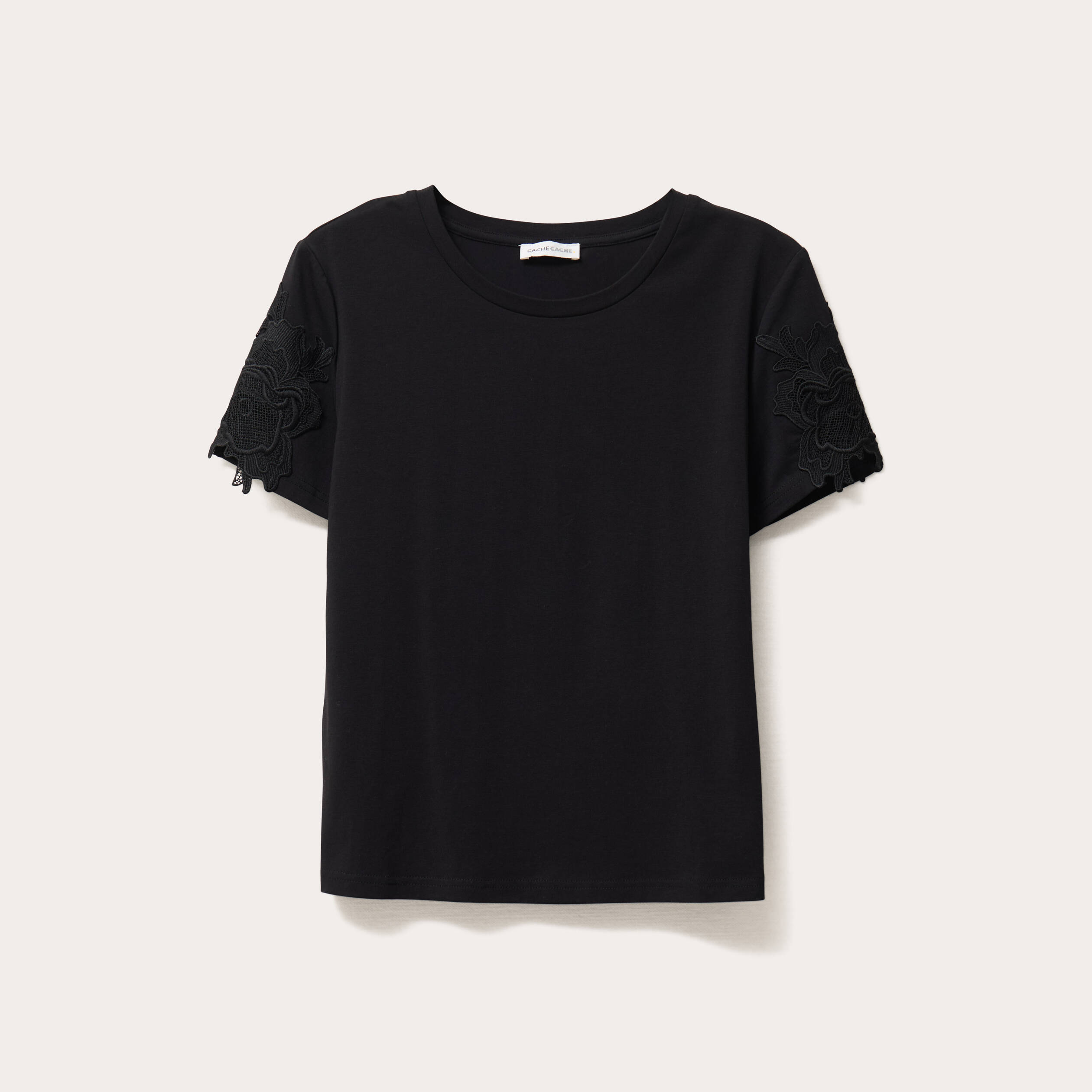t shirt manches courtes brode noir femme T-shirt manches courtes brodé noir femme