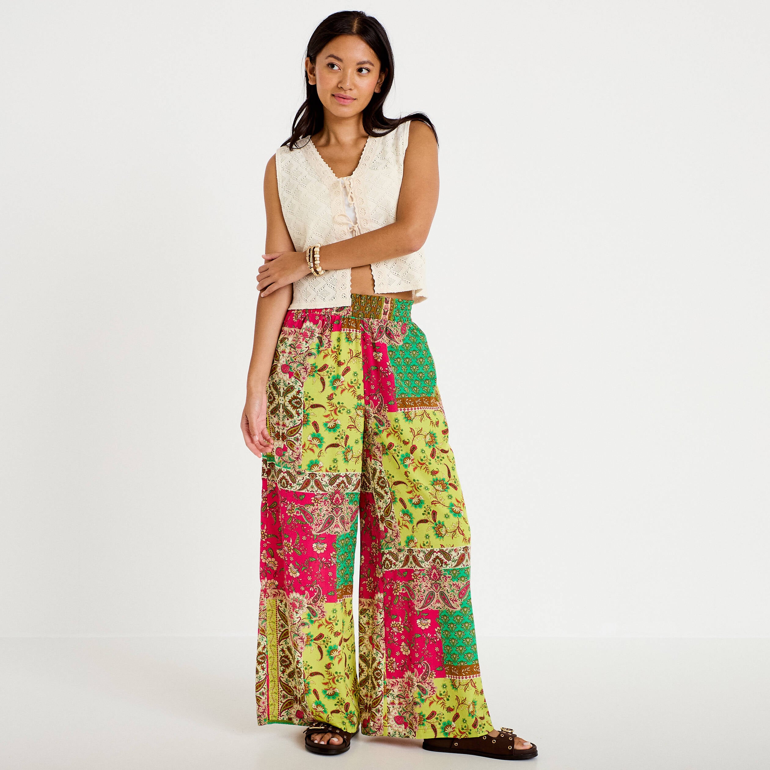 Pantalon large taille standard vert femme
