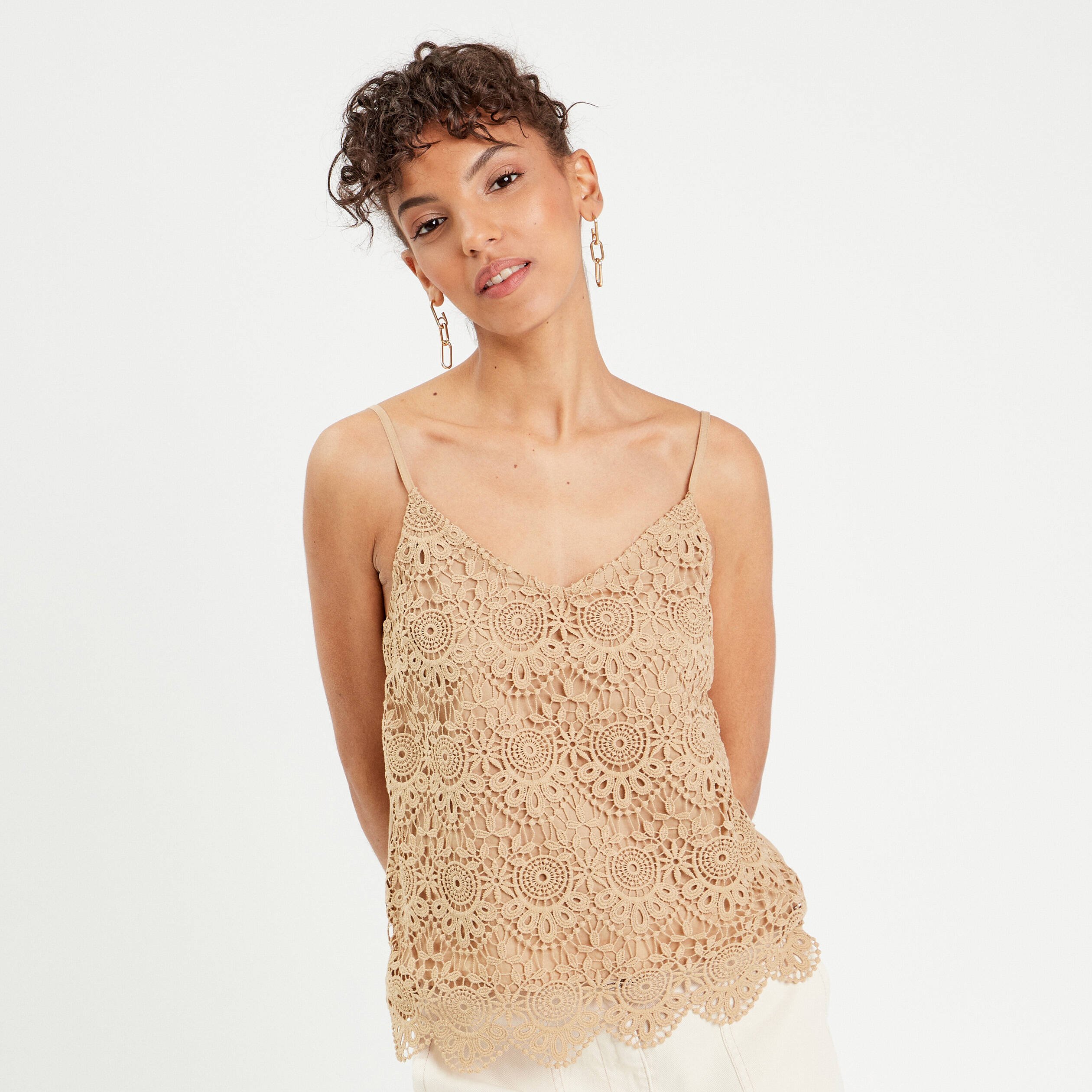debardeur aspect macrame beige femme Débardeur aspect macramé beige femme