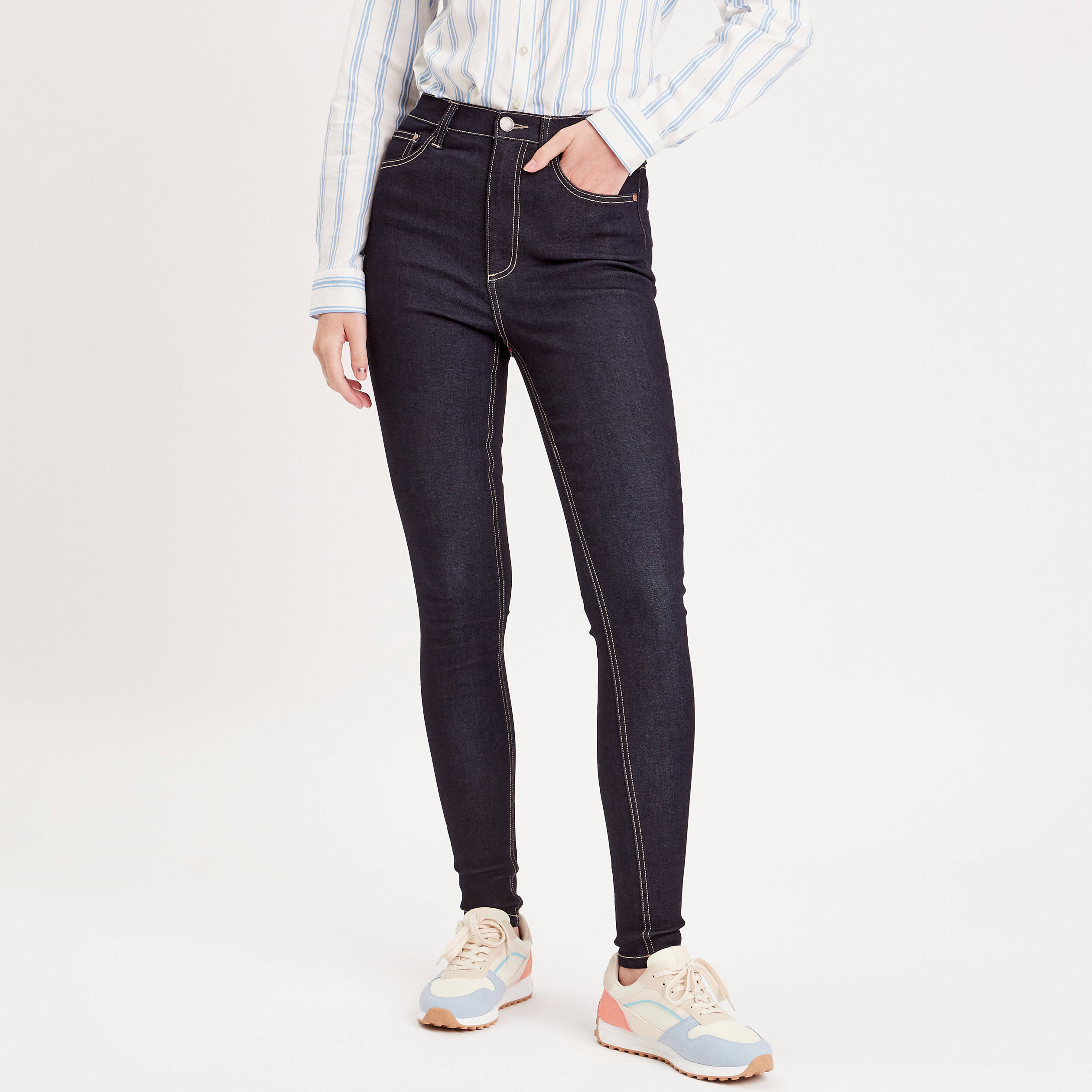 jeans skinny taille elastiquee denim brut femme Jeans skinny taille élastiquée denim brut femme