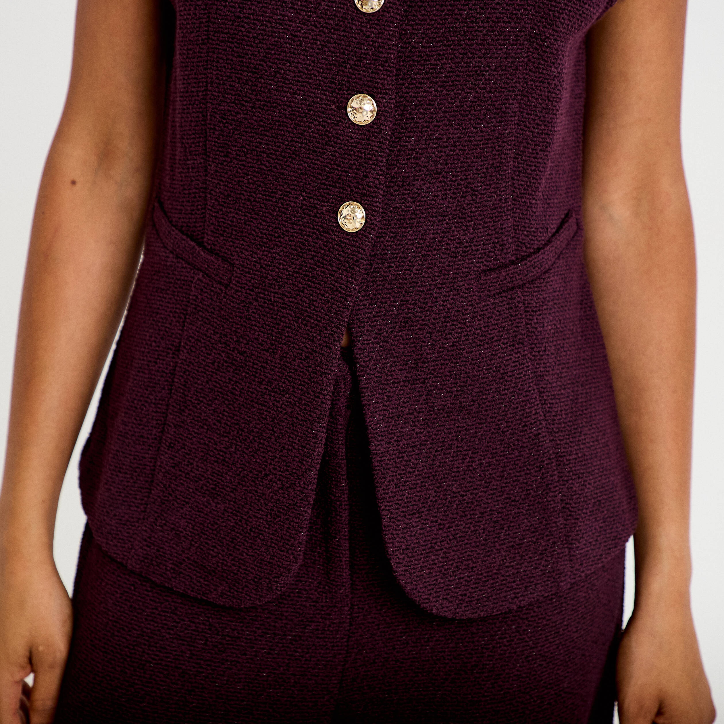 Gilet sans manches tweed violet fonc&eacute; femme
