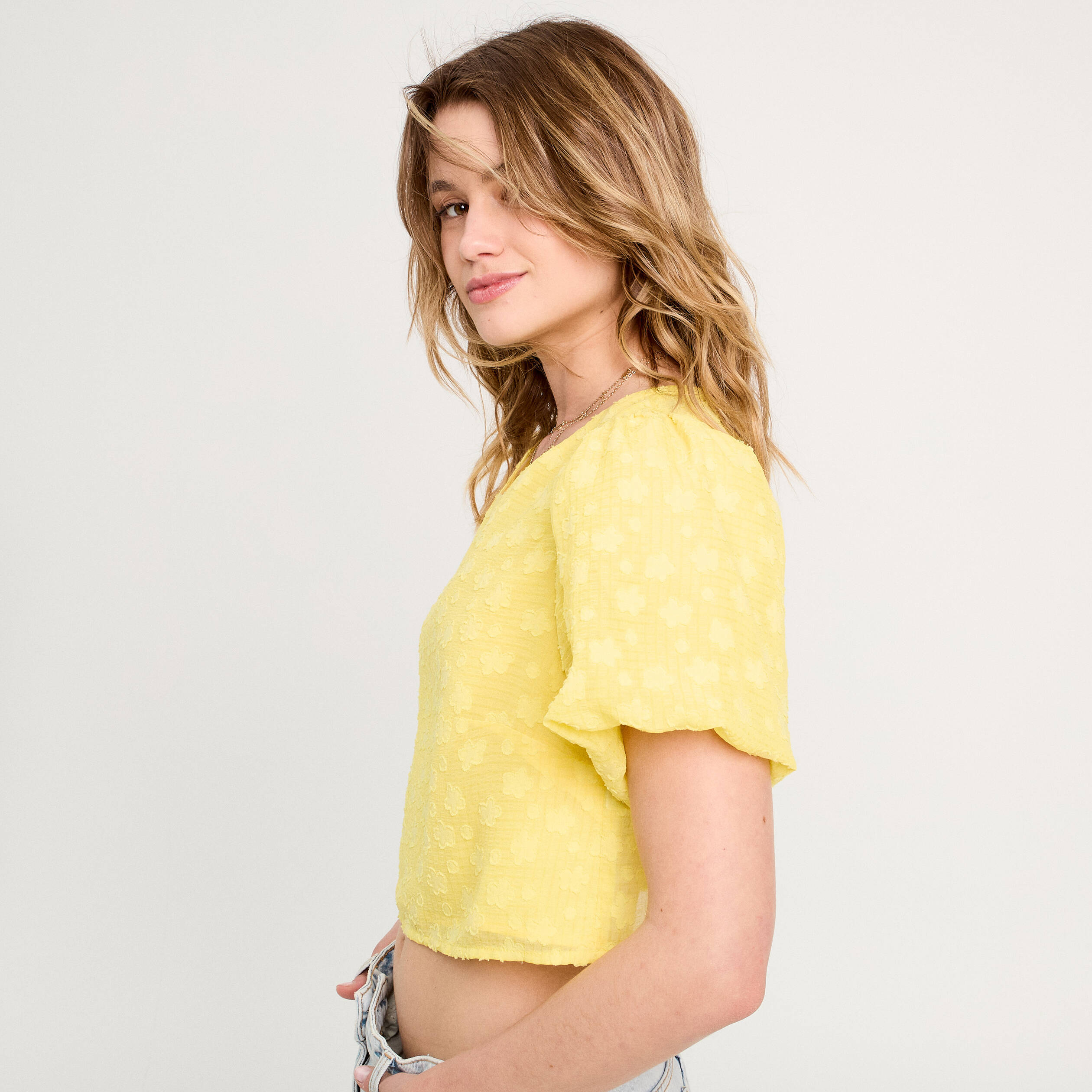 Blouse manches courtes jaune pastel femme