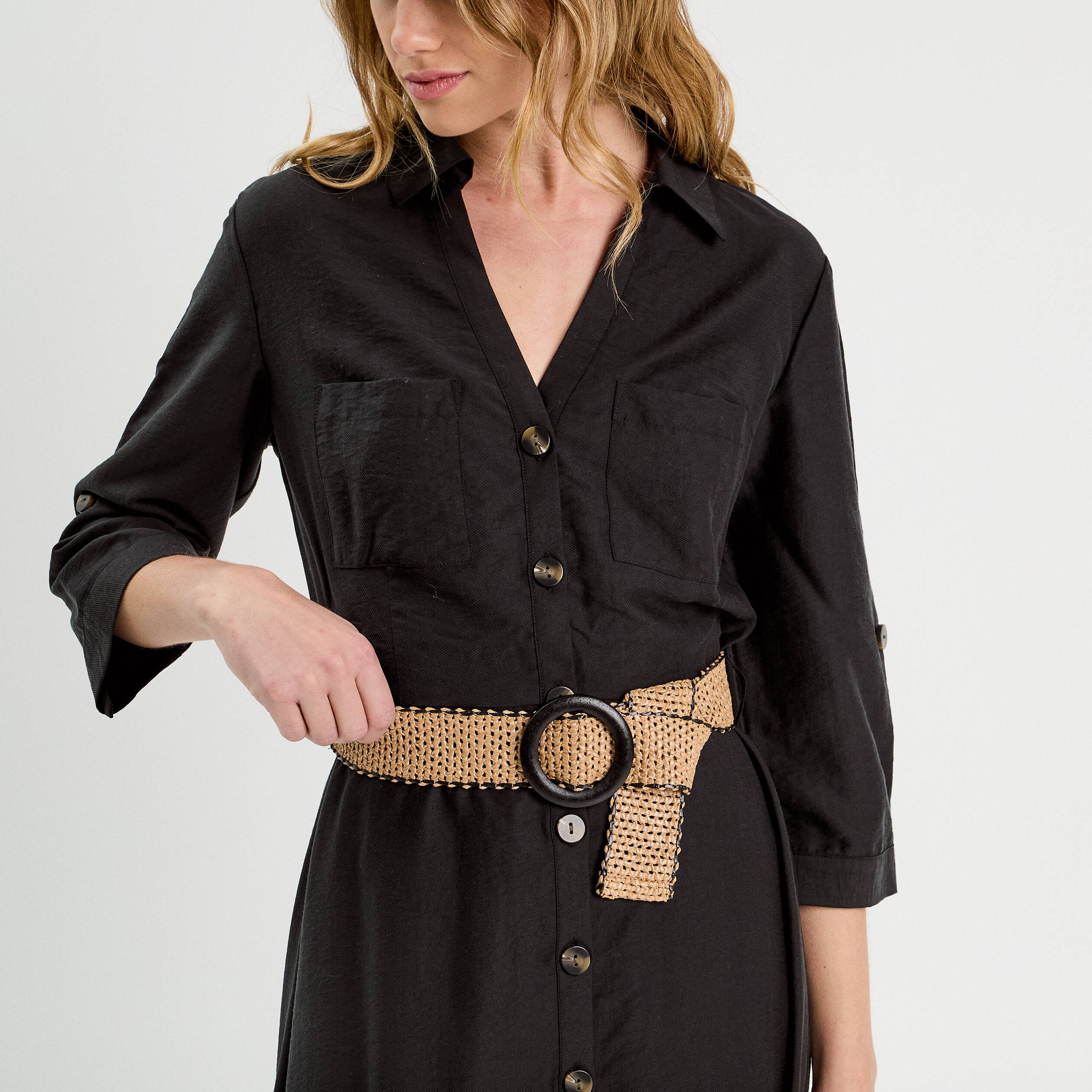Robe longue évasée ceinturée noir femme