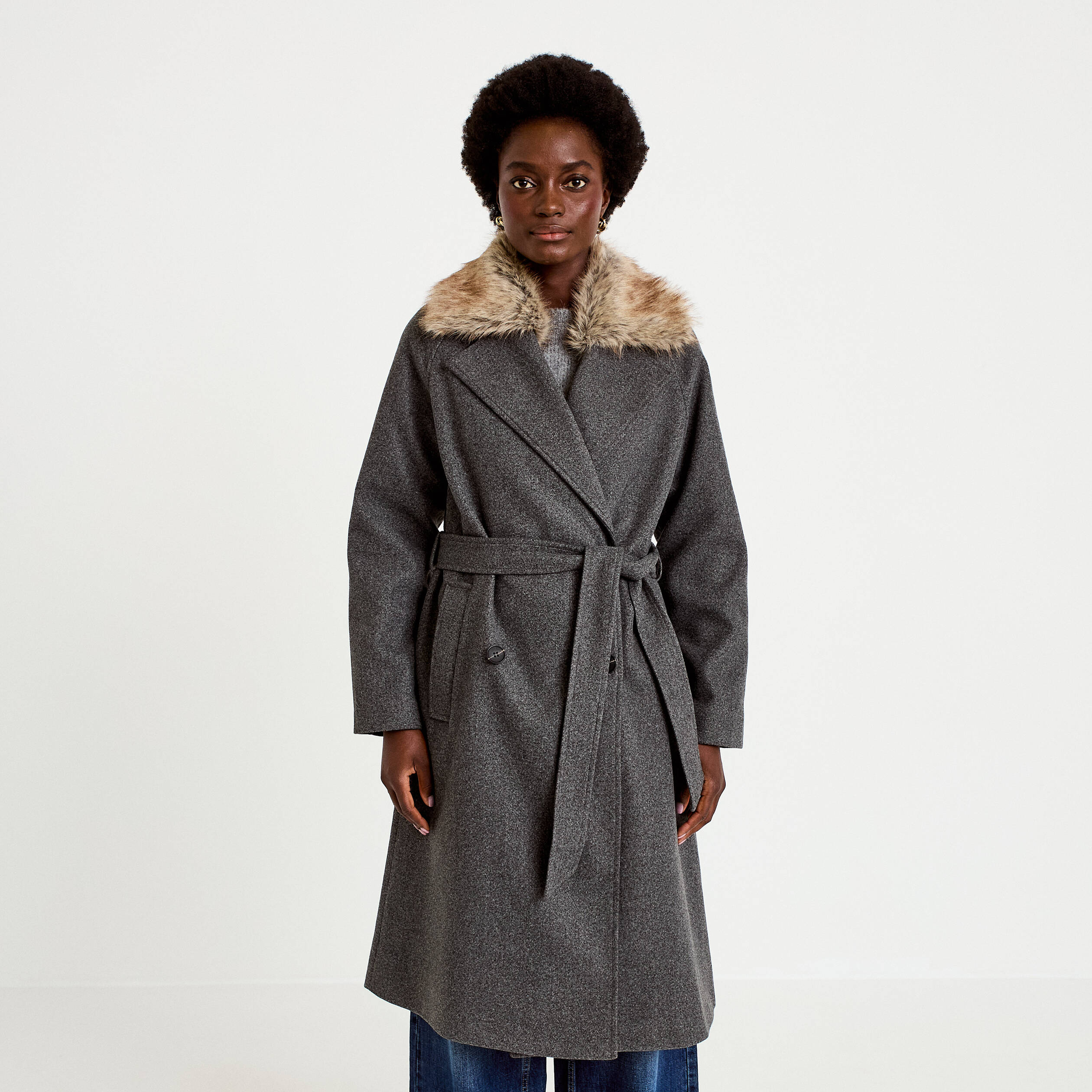 Manteau droit mi-long &agrave; manches longues gris femme