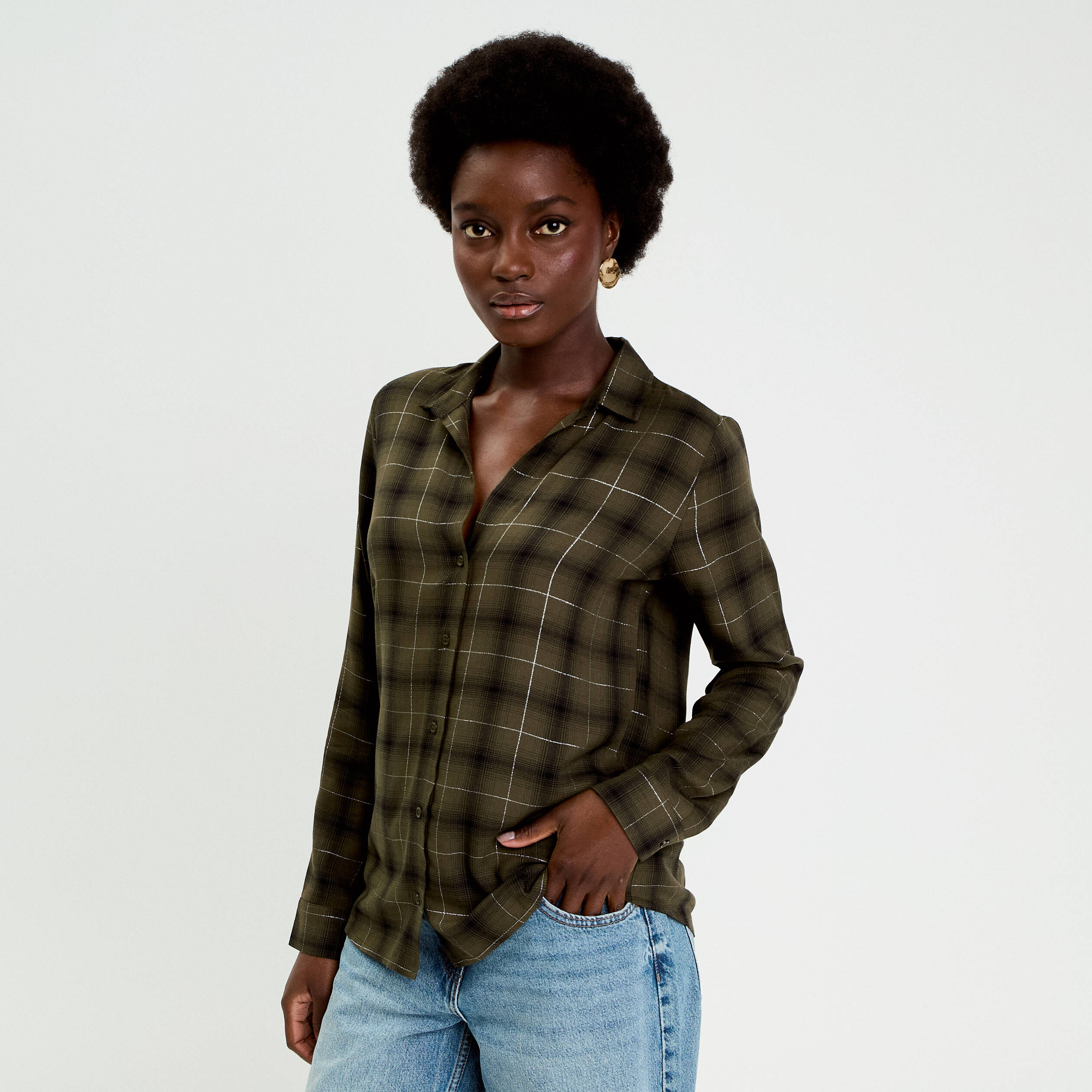 Chemise &agrave; carreaux fils m&eacute;tallis&eacute;s vert menthe femme
