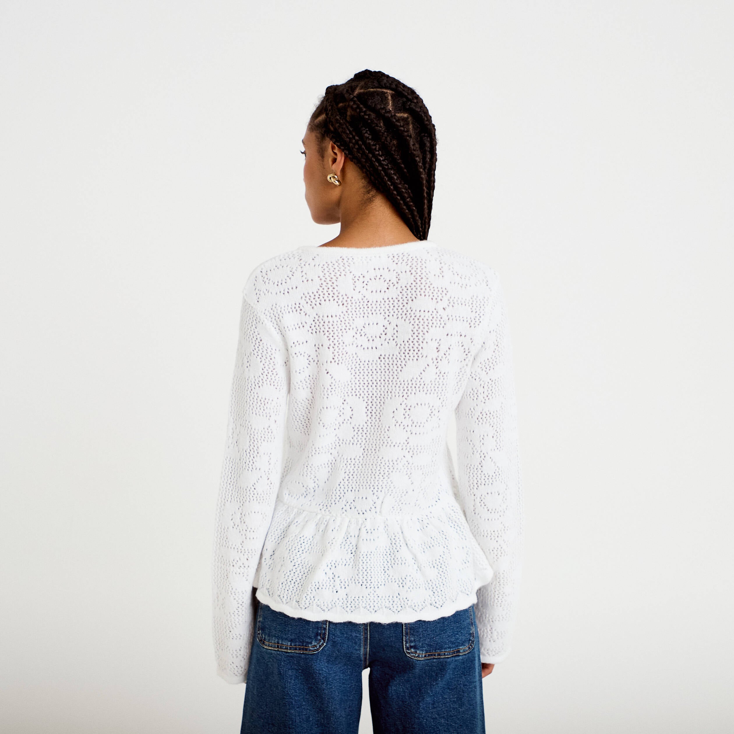 Pull ajour&eacute; p&eacute;plum manches longues ecru femme
