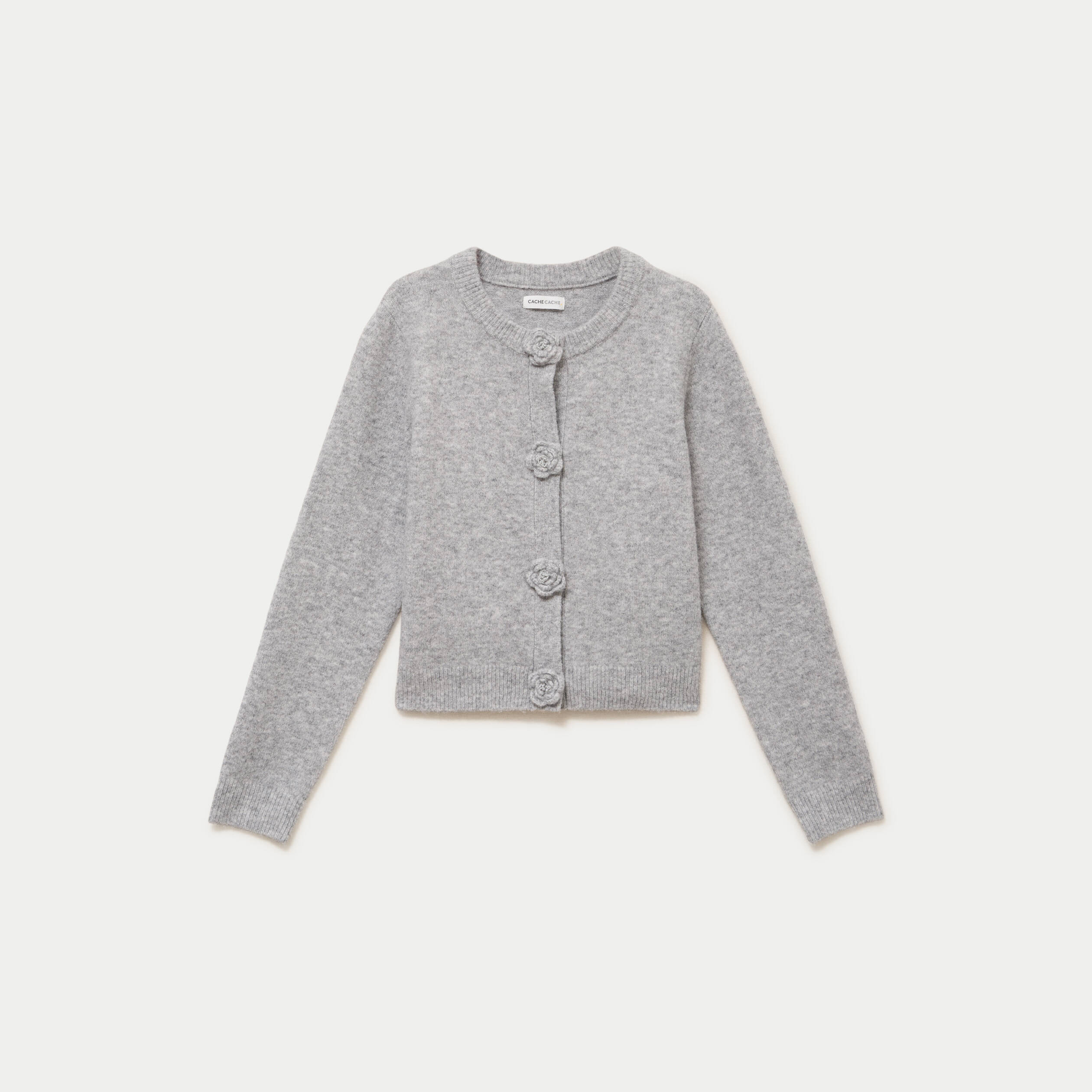 Gilet manches longues col rond gris clair femme