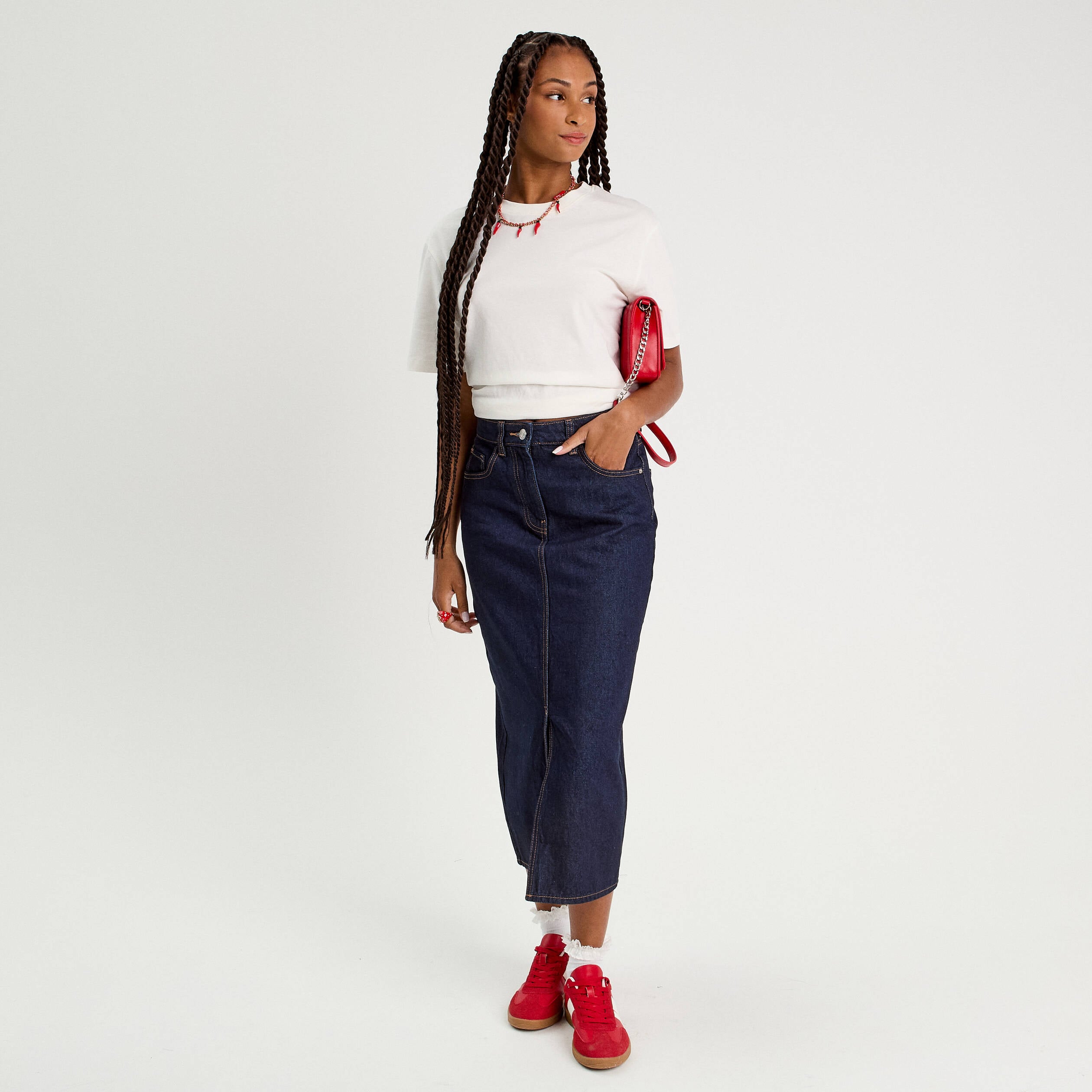 Jupe midi droite en jean denim brut femme