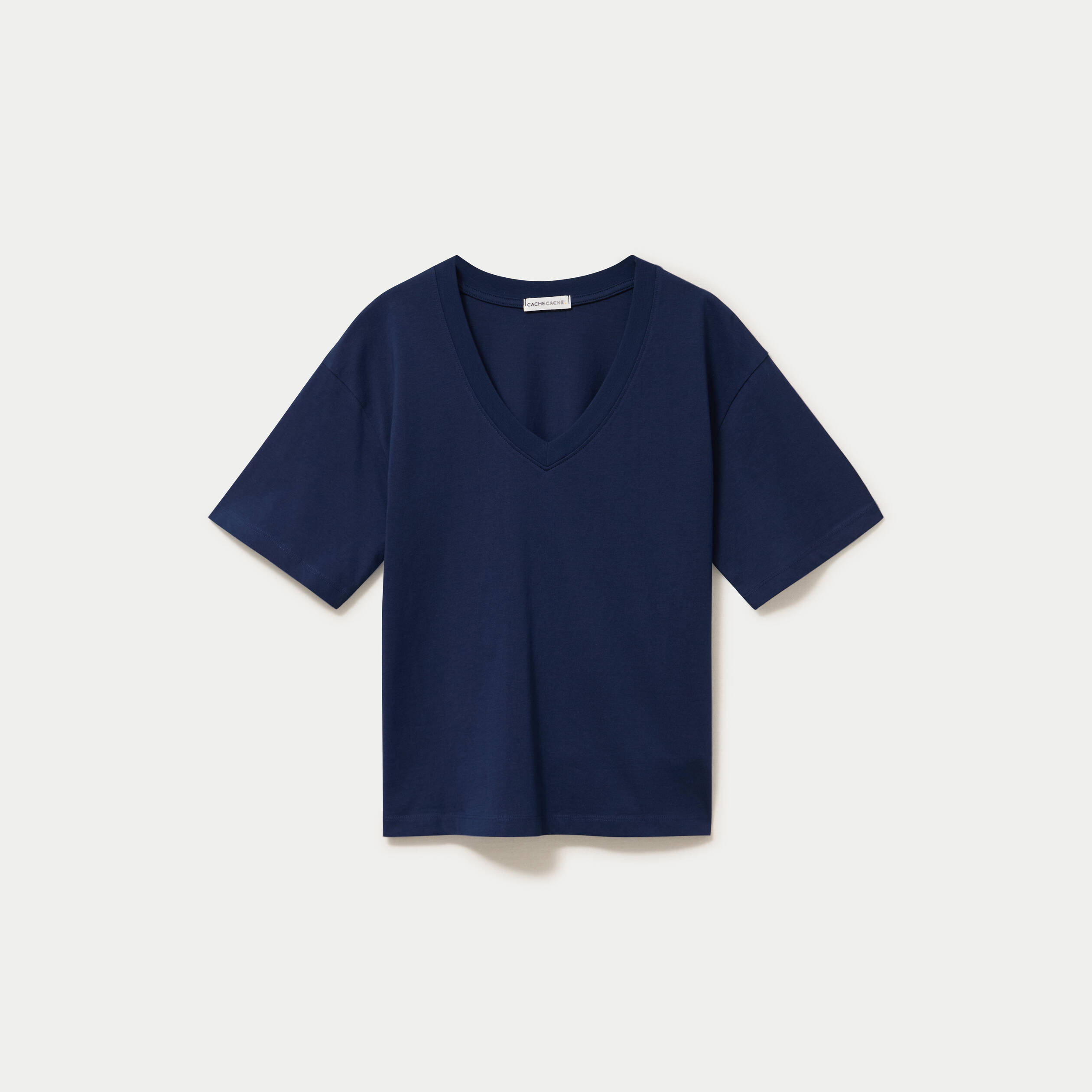 T-shirt col v manches courtes bleu fonc&eacute; femme