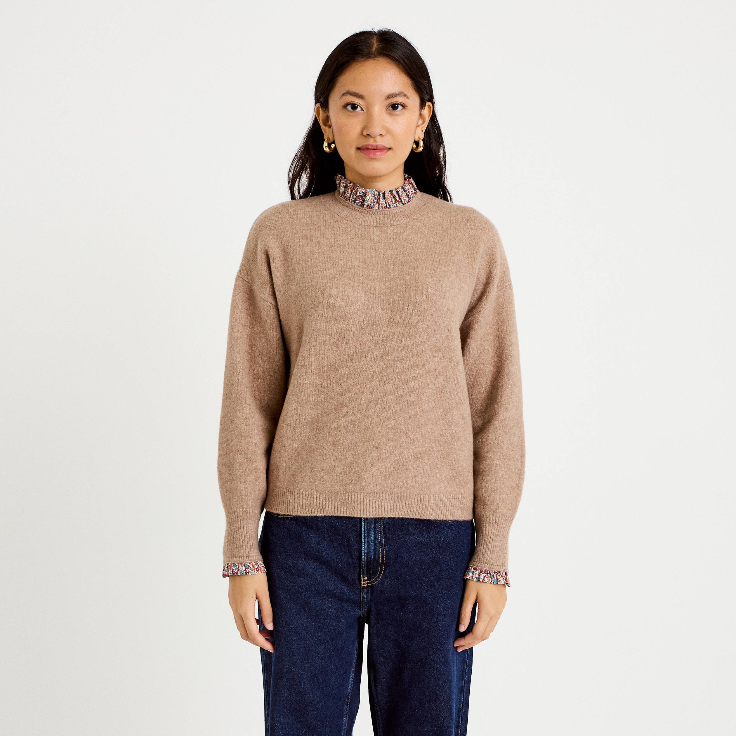Pull col rond manches longues beige femme