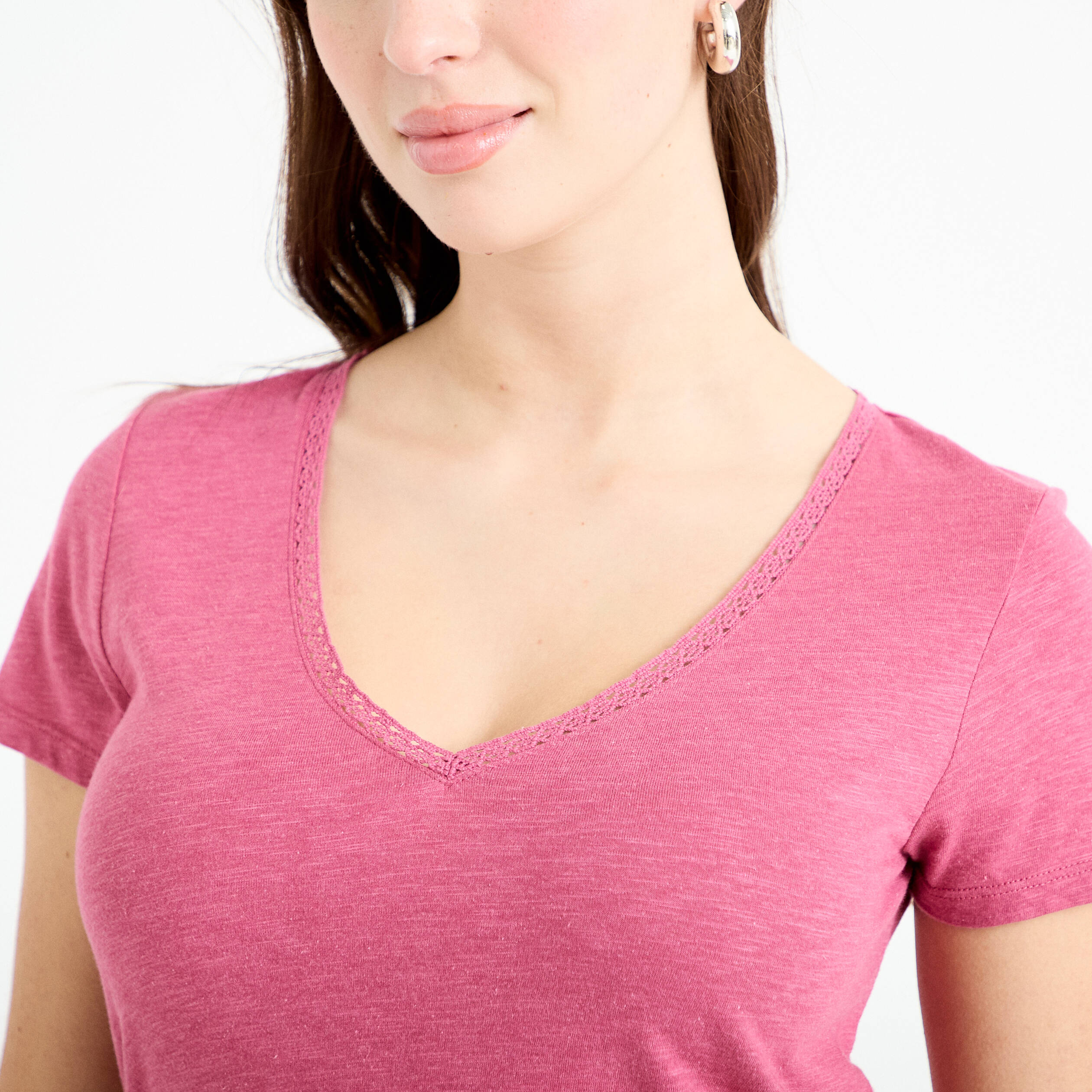 T-shirt col v manches courtes vieux rose femme