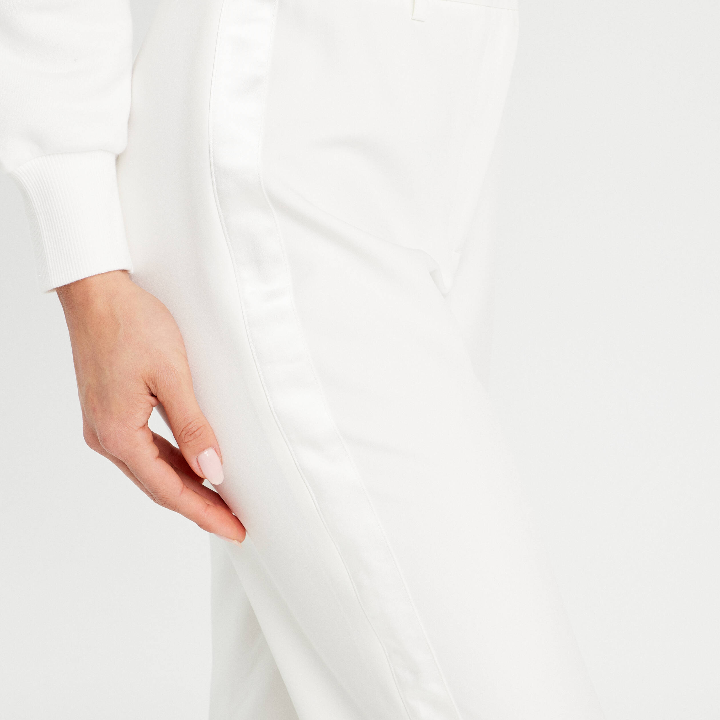 Pantalon carotte bandes satin ecru femme