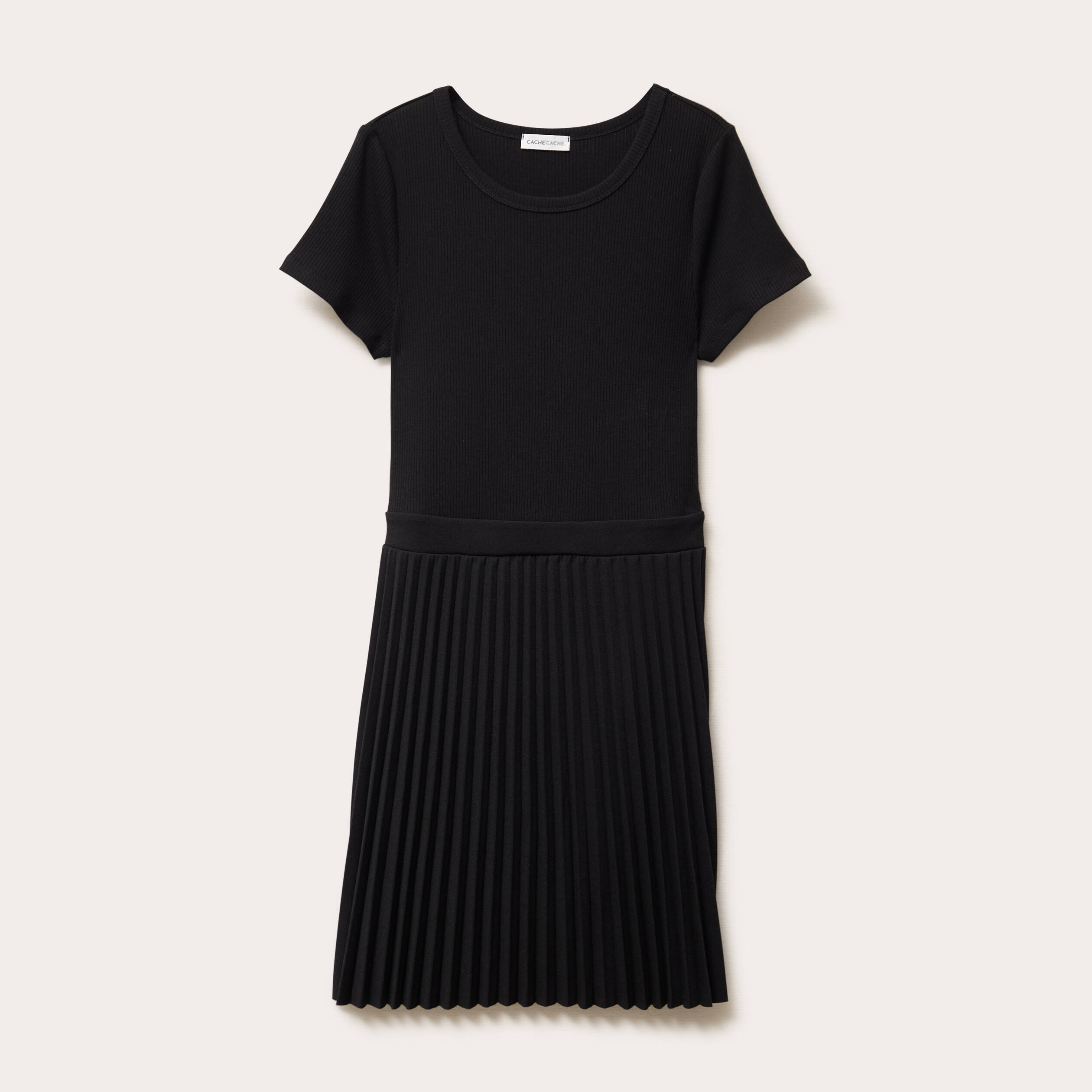 Robe droite pliss&eacute;e noir femme