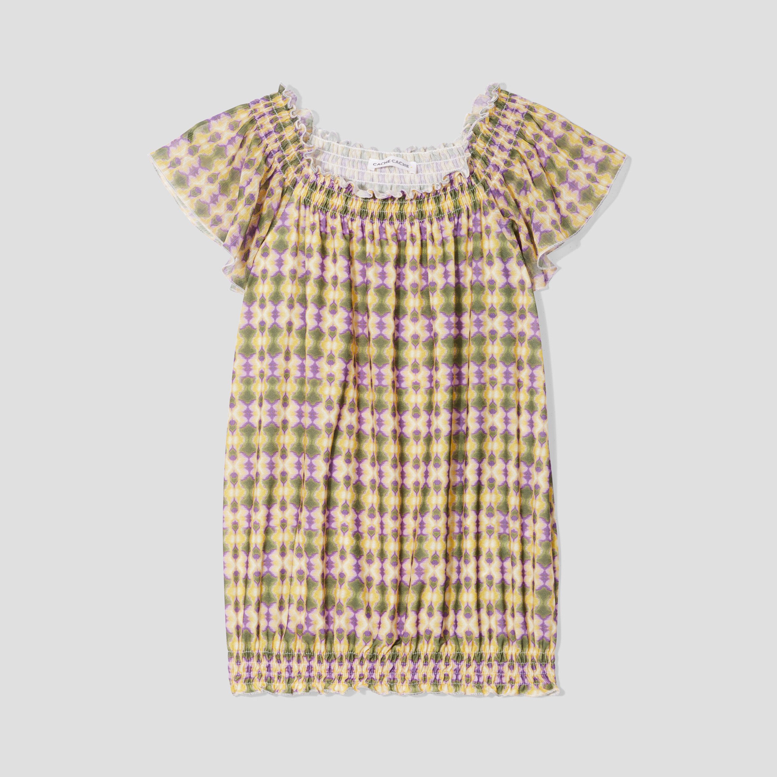 T-shirt manches courtes smock&eacute; vert femme