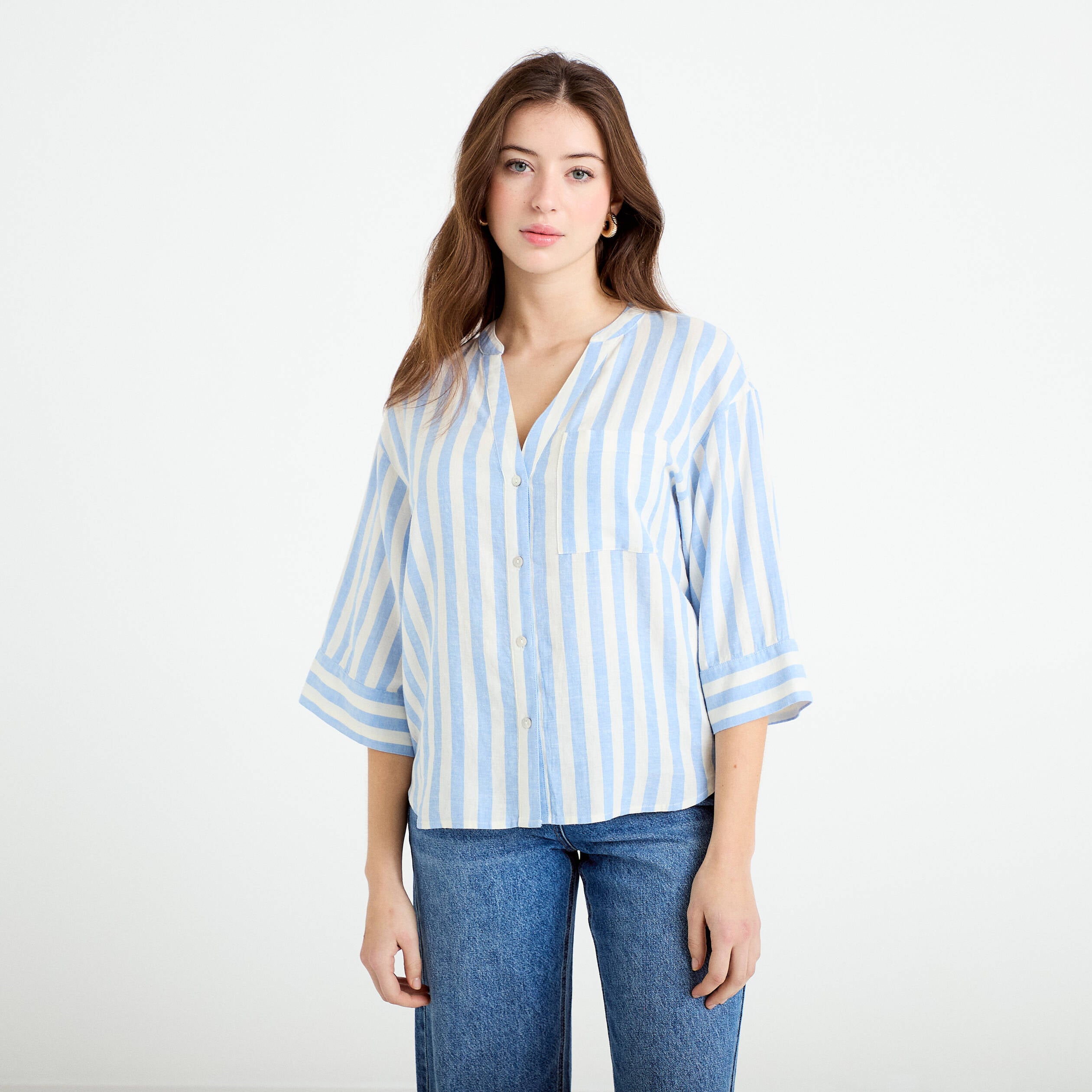 Blouse col V manches 3/4 bleu pastel femme