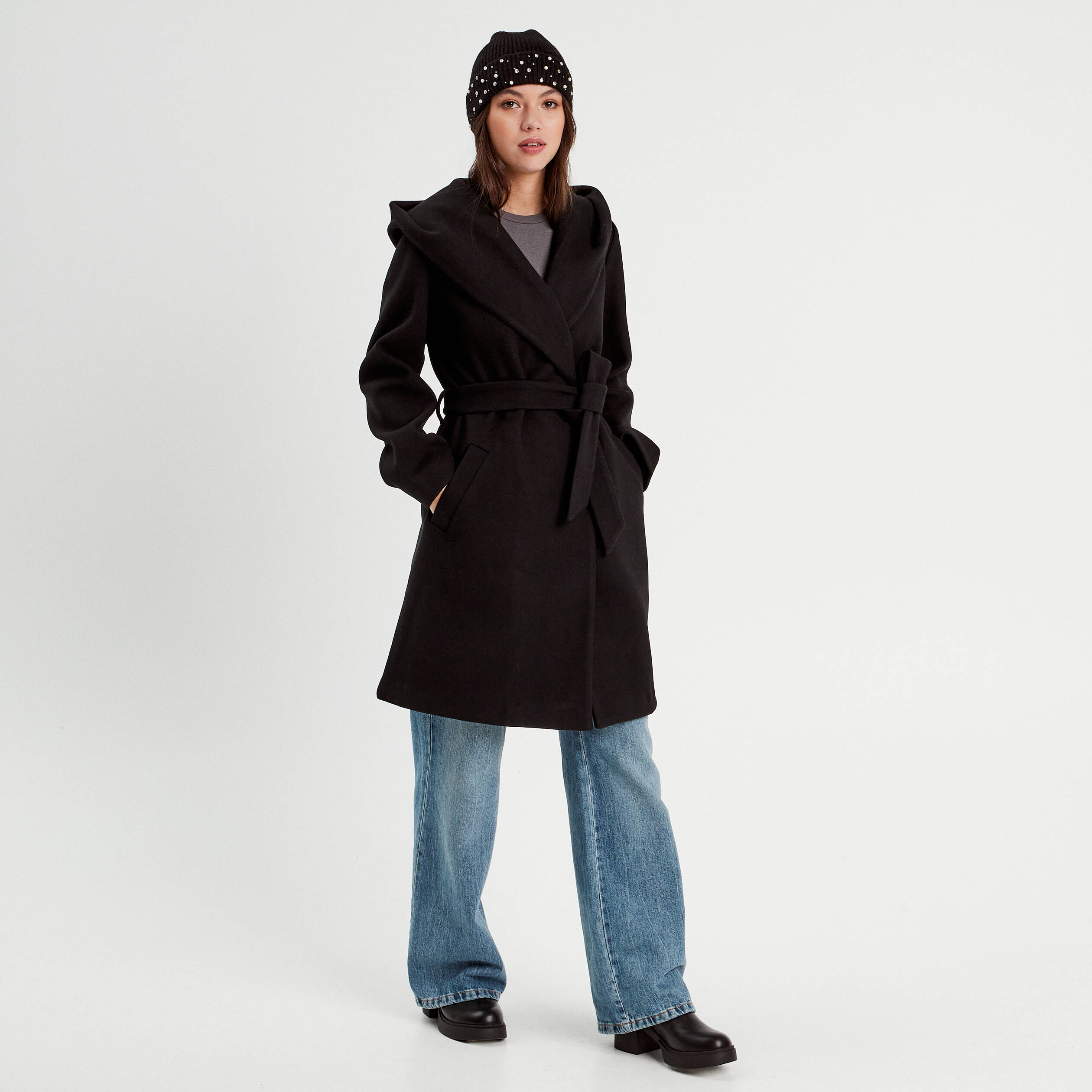 manteau ceinture a capuche noir femme Manteau ceinturé à capuche noir femme