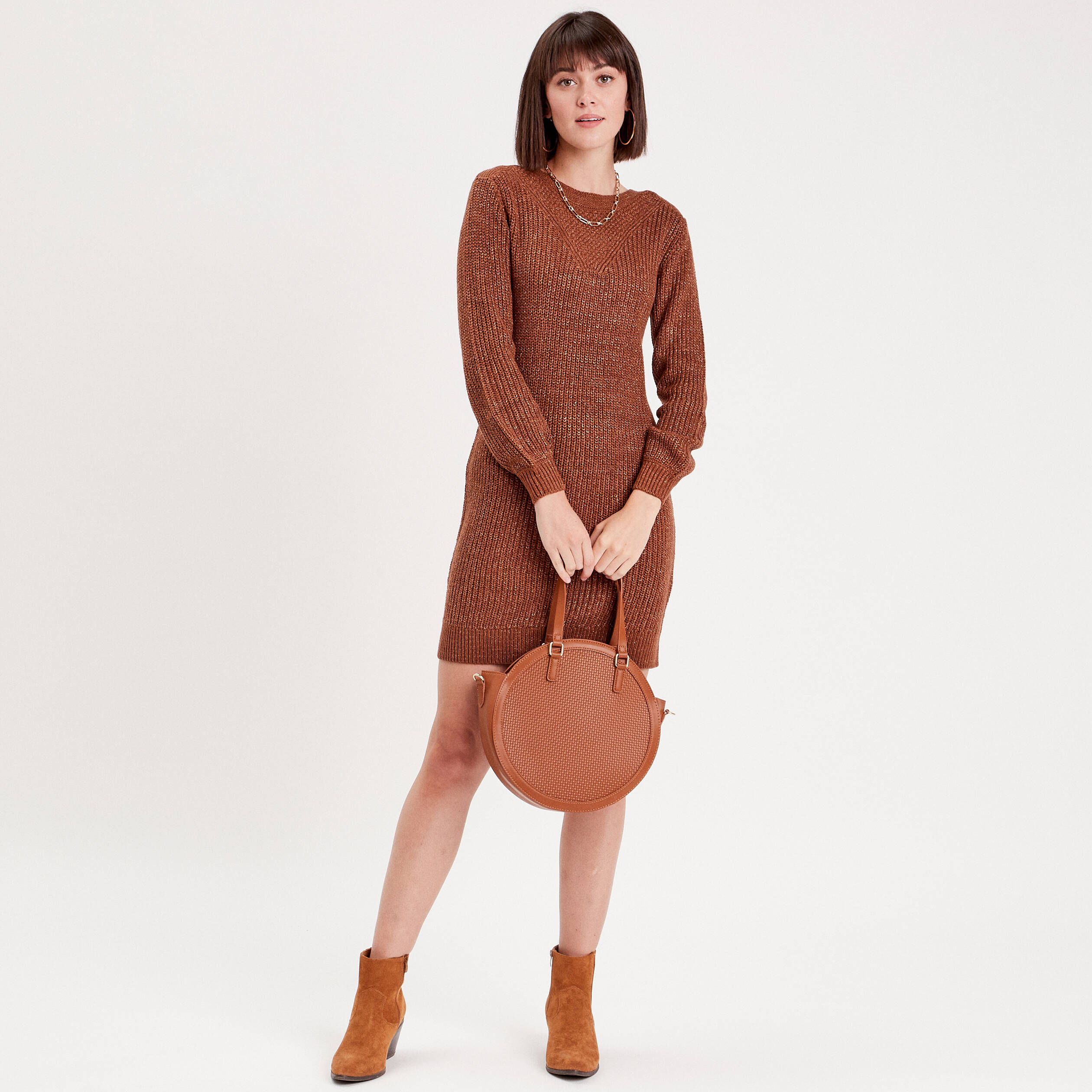 Robe pull droite col rond marron femme