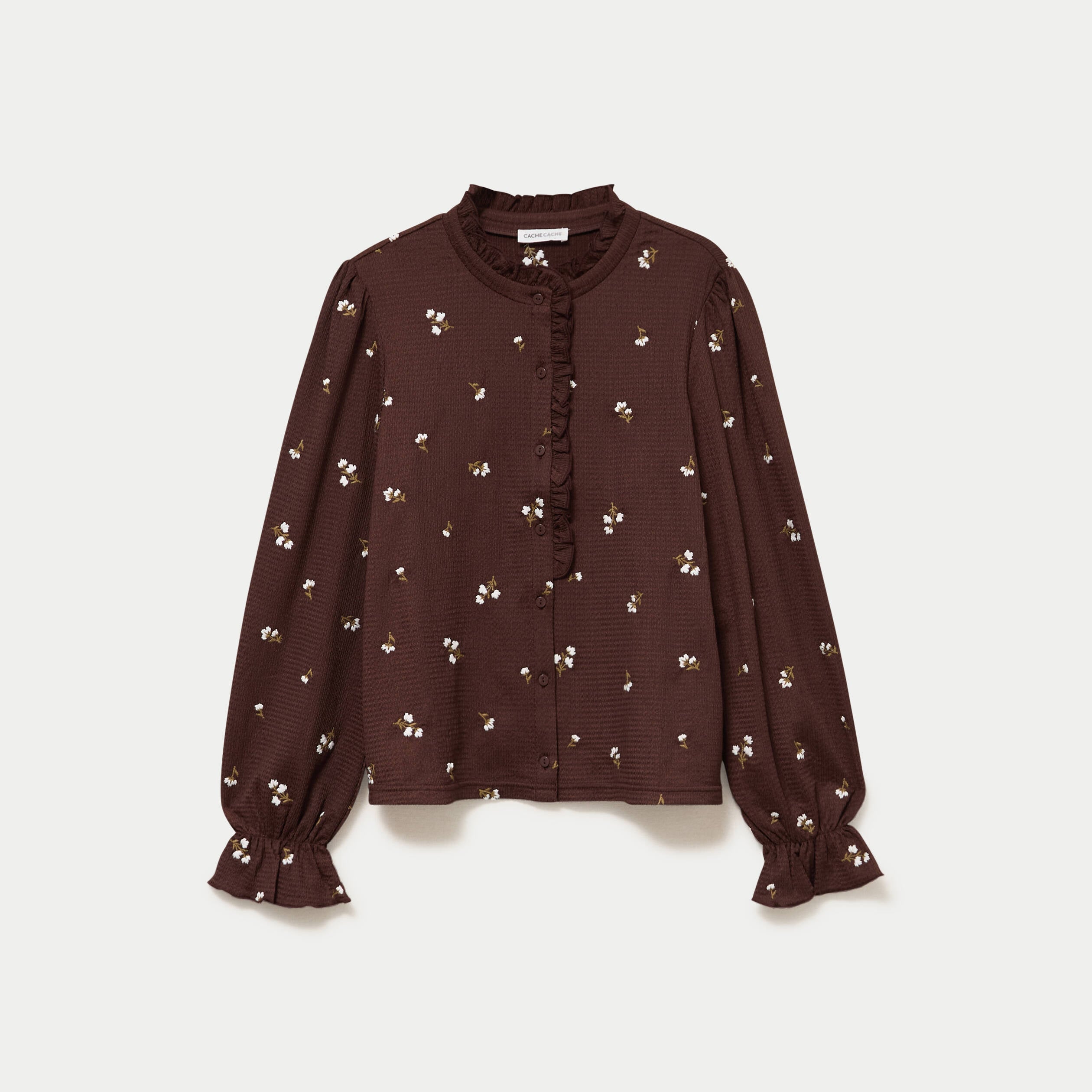 Chemise droite broderie manches longues marron fonc&eacute; femme
