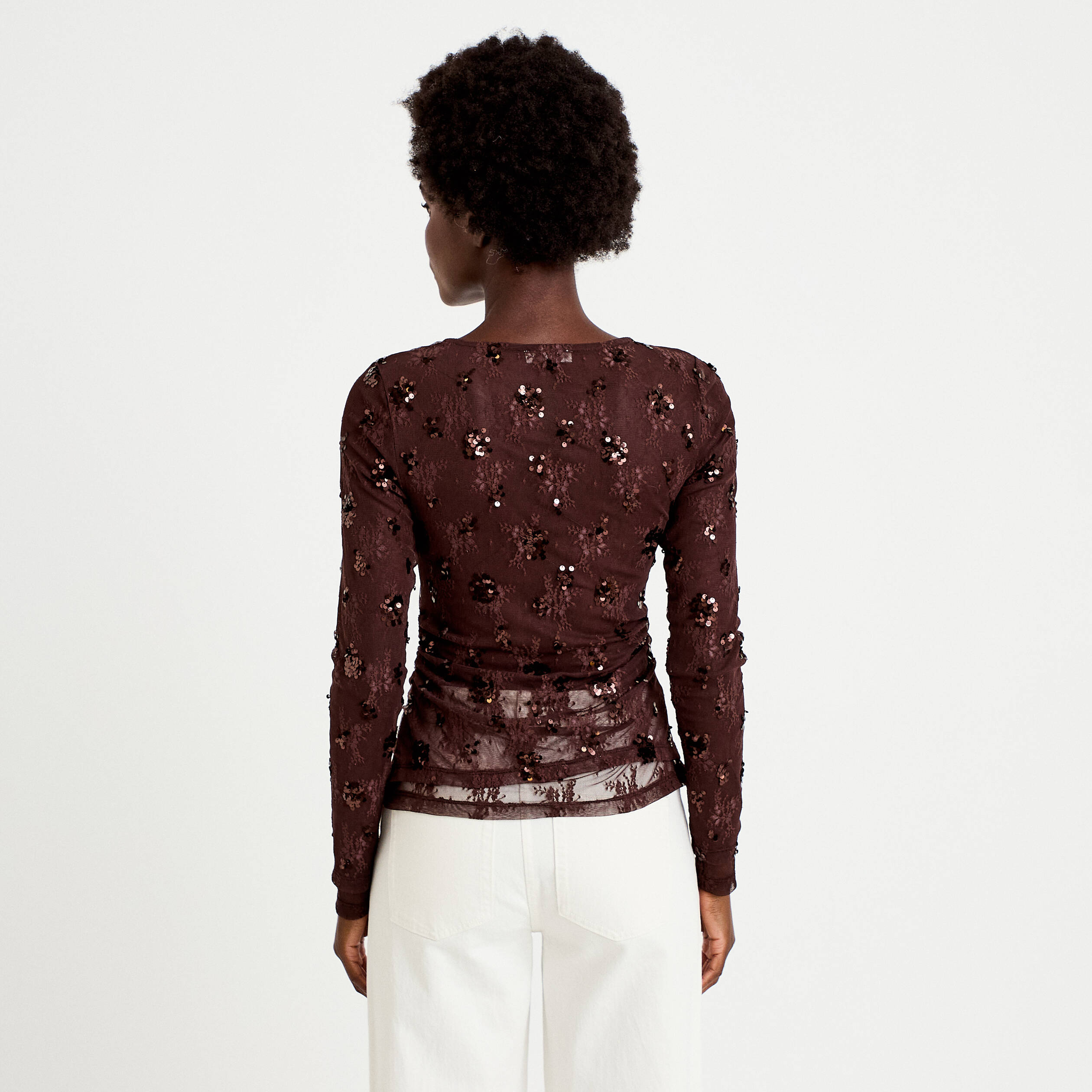T-shirt ajust&eacute; col rond brod&eacute; perles marron fonc&eacute; femme
