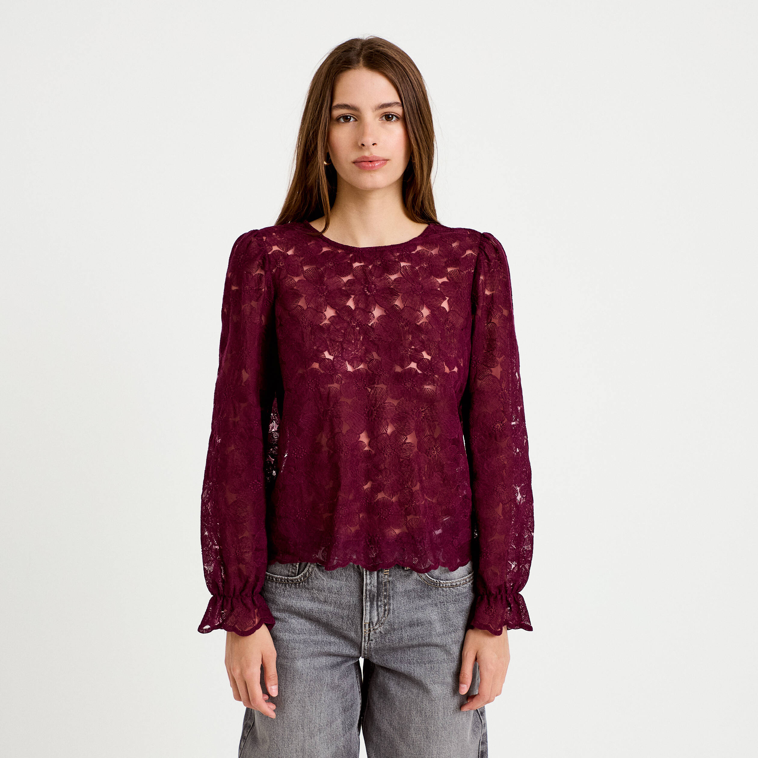 Blouse droite col v en dentelle prune femme