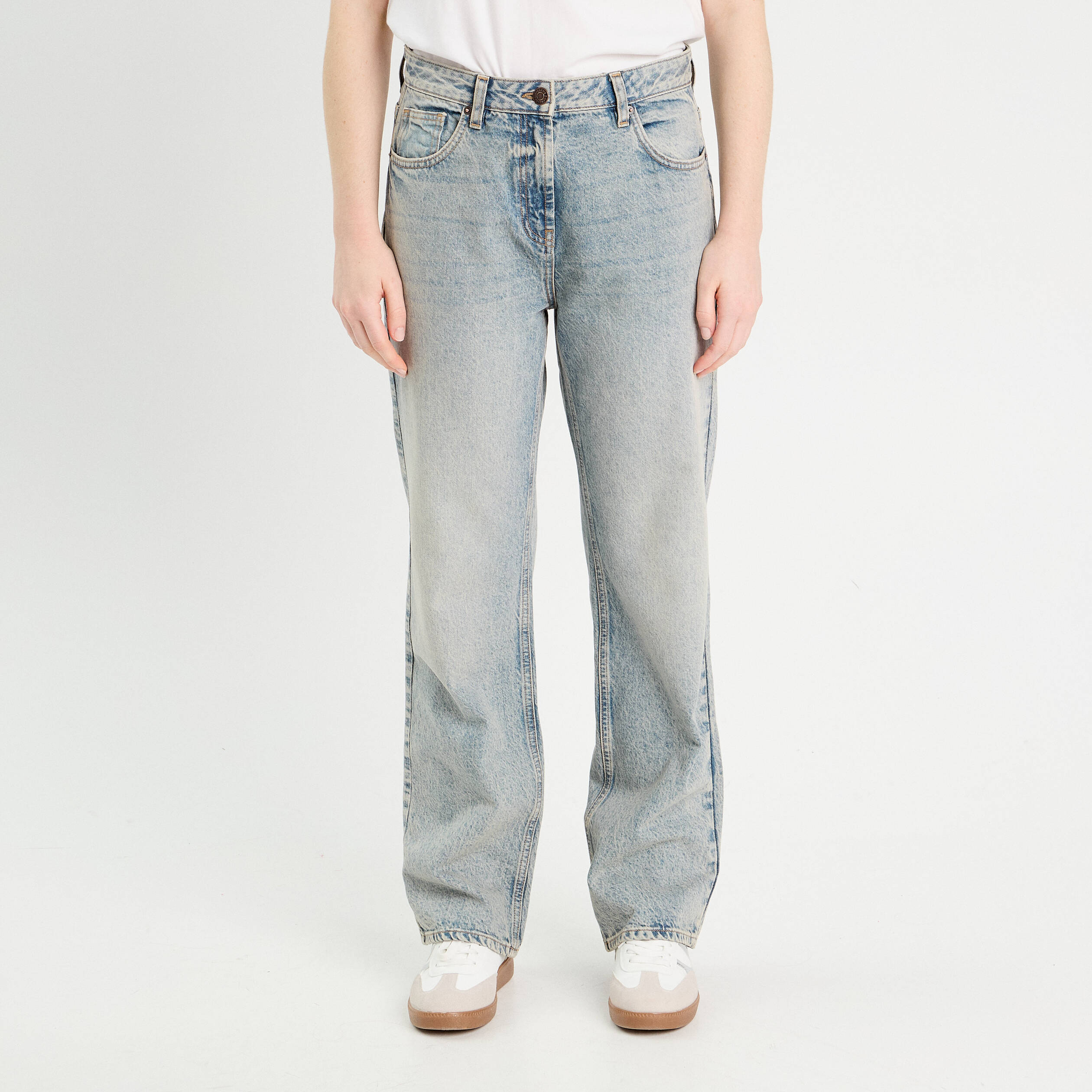 Jeans droit 5 poches denim bleach femme