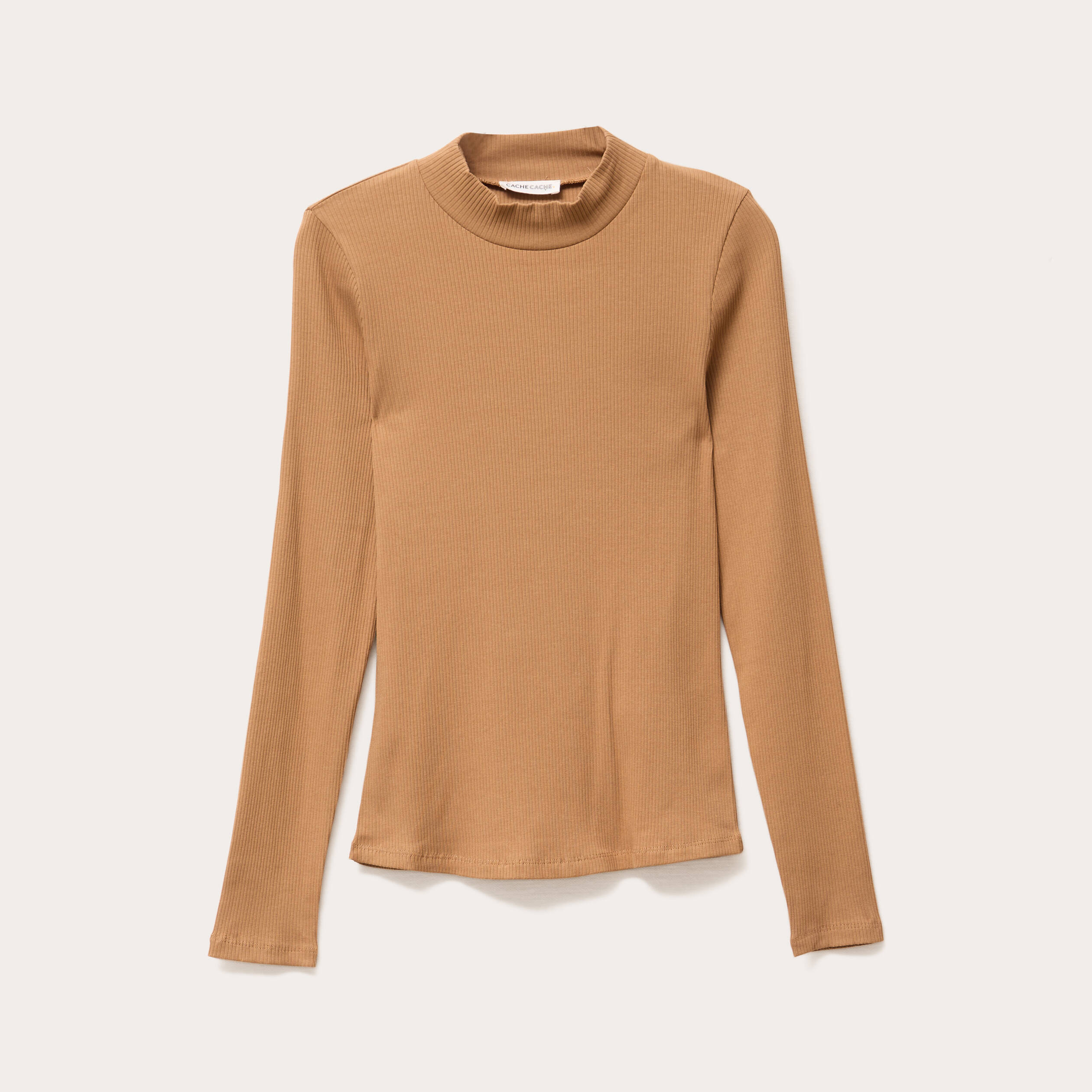 t shirt manches longues cotele marron clair femme T-shirt manches longues côtelé marron clair femme