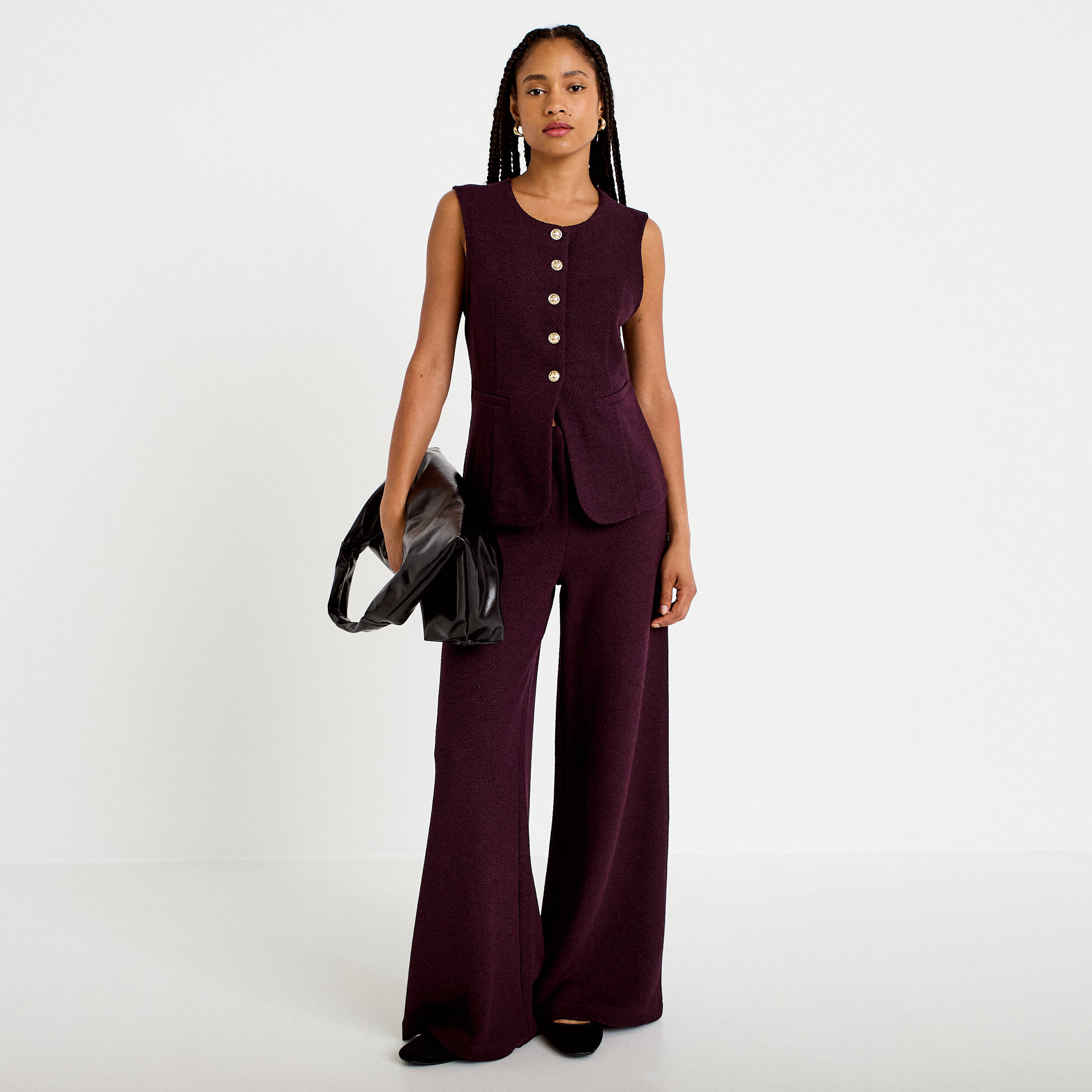 Pantalon bootcut en tweed violet fonc&eacute; femme