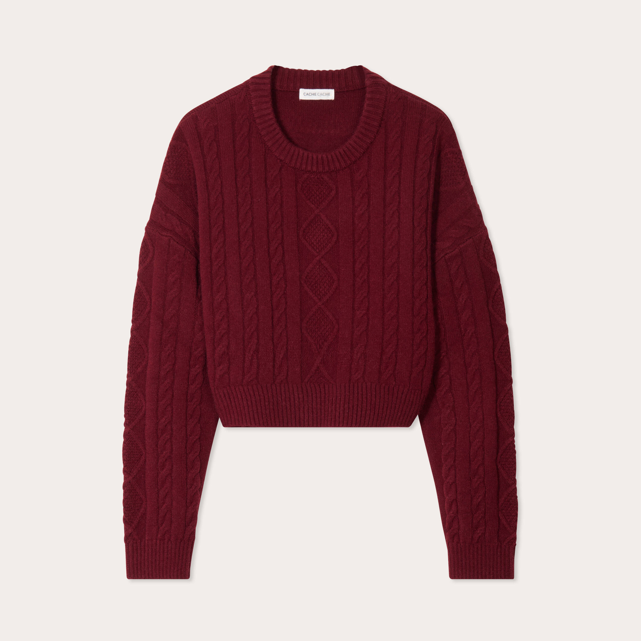 Pull avec torsades rouge fonc&eacute; femme
