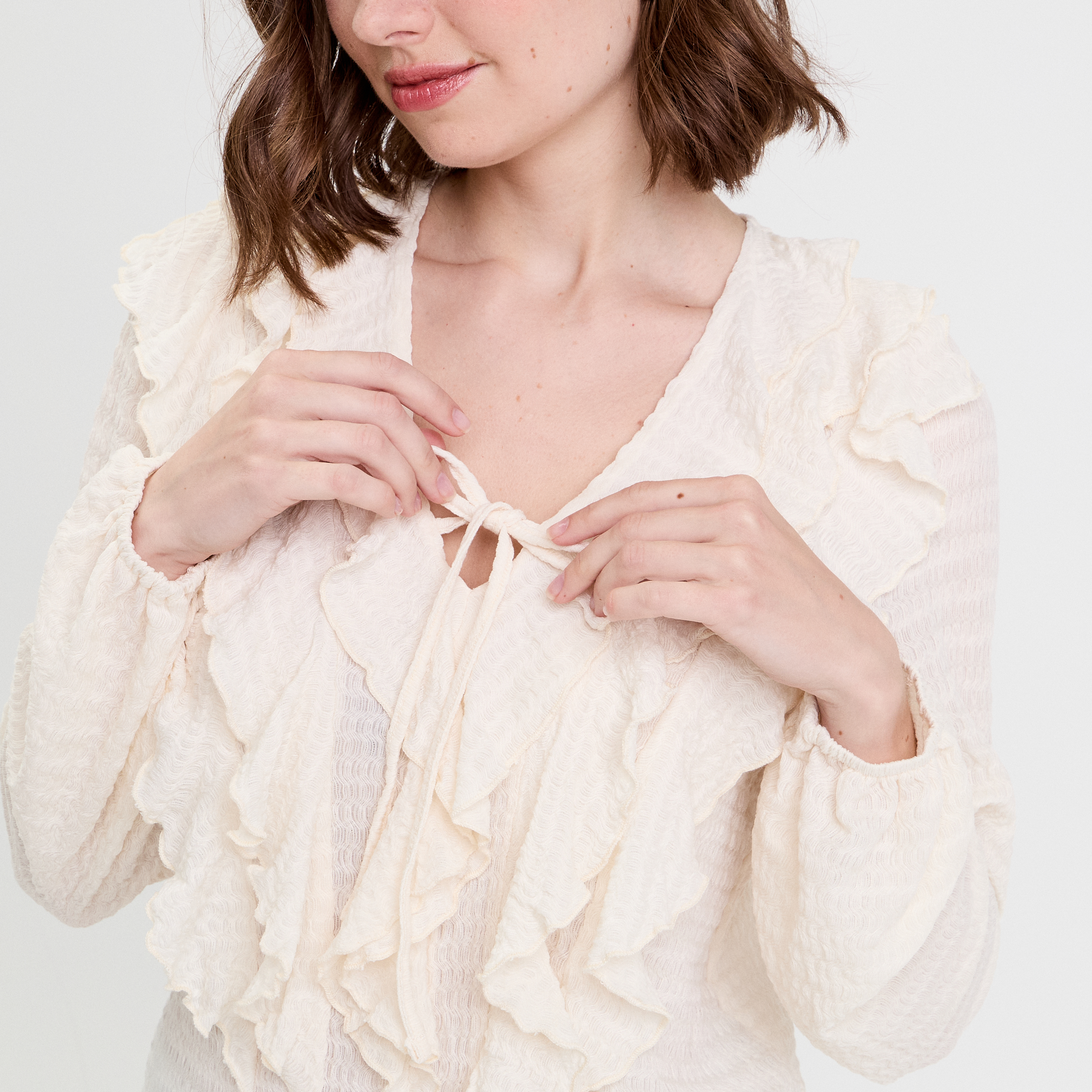 Blouse manches longues aspect dentelle ecru femme