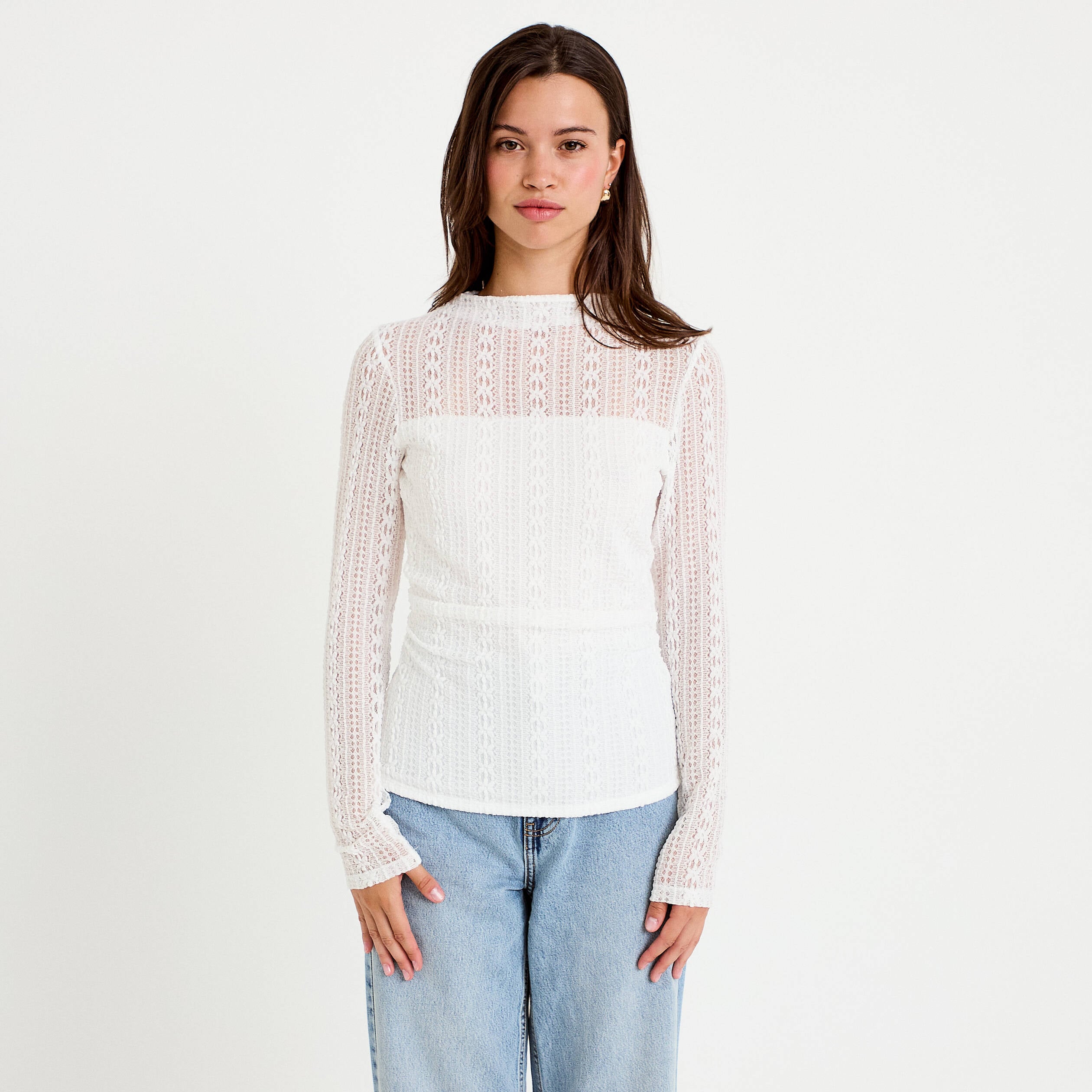 Top ajust&eacute; col montant dentelle ecru femme