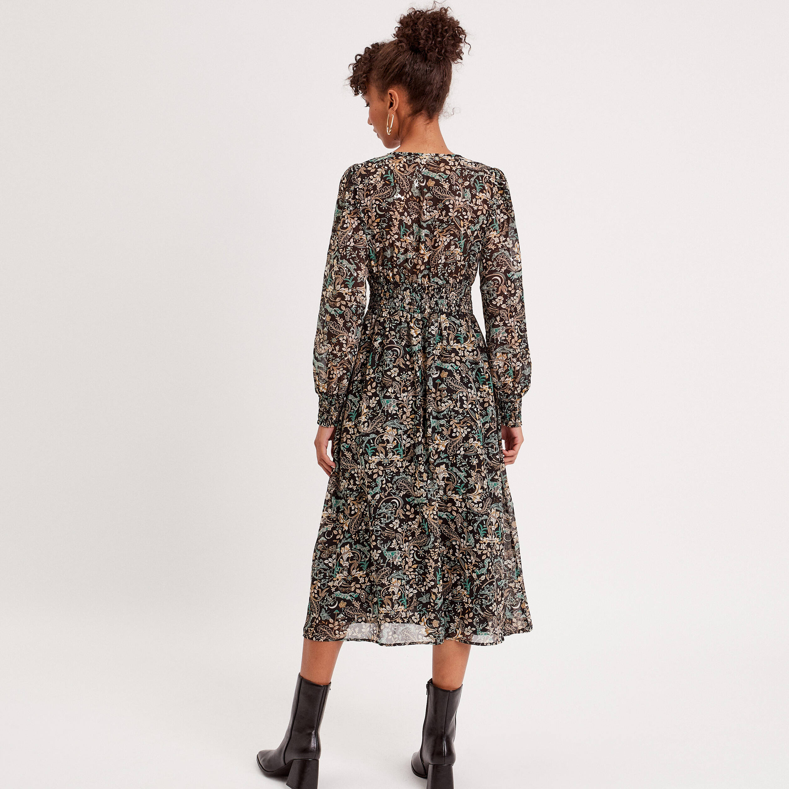 Robe midi évasée col en V noir femme