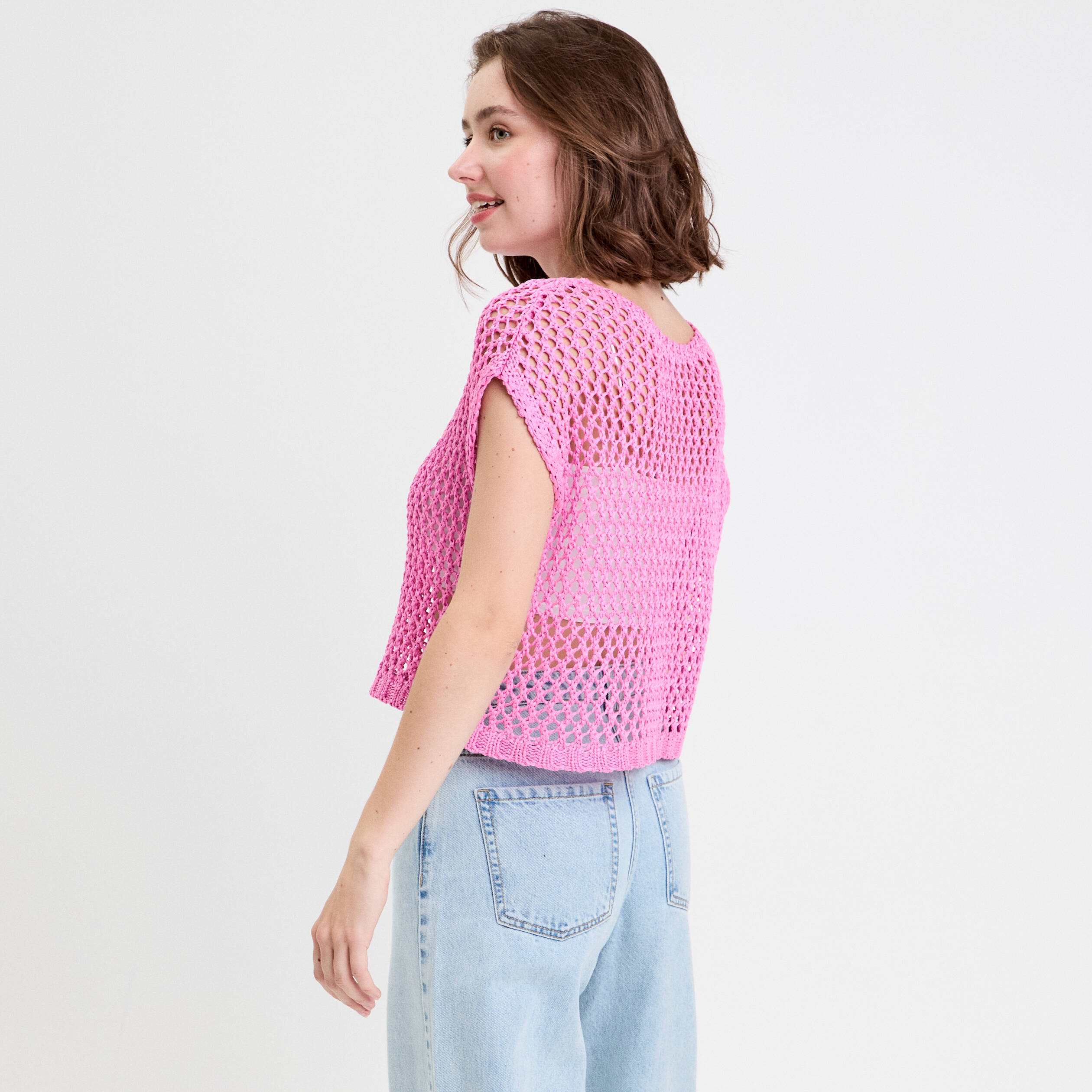 debardeur ajoure aspect dentelle rose femme Débardeur ajouré aspect dentelle rose femme